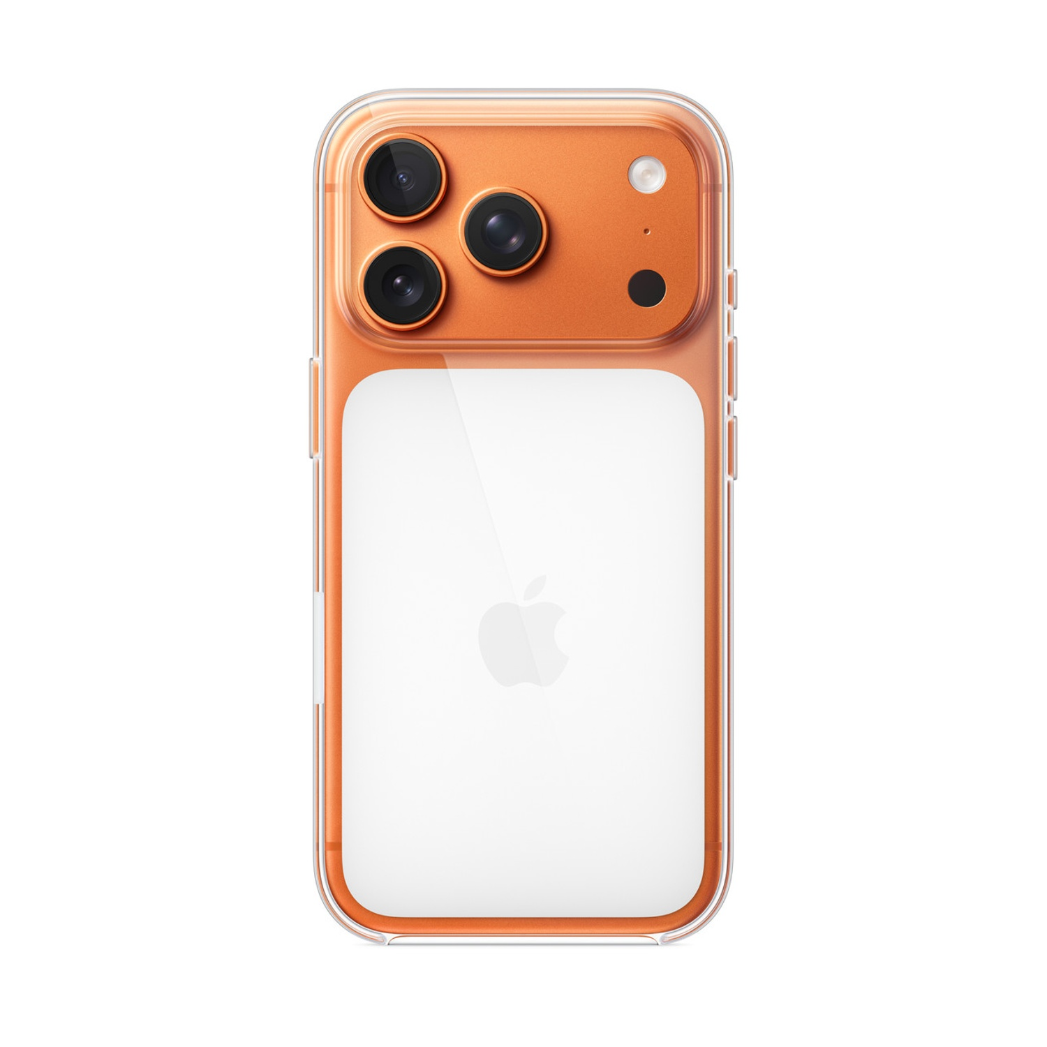 Retro di un iPhone arancione con tre fotocamere e un flash.