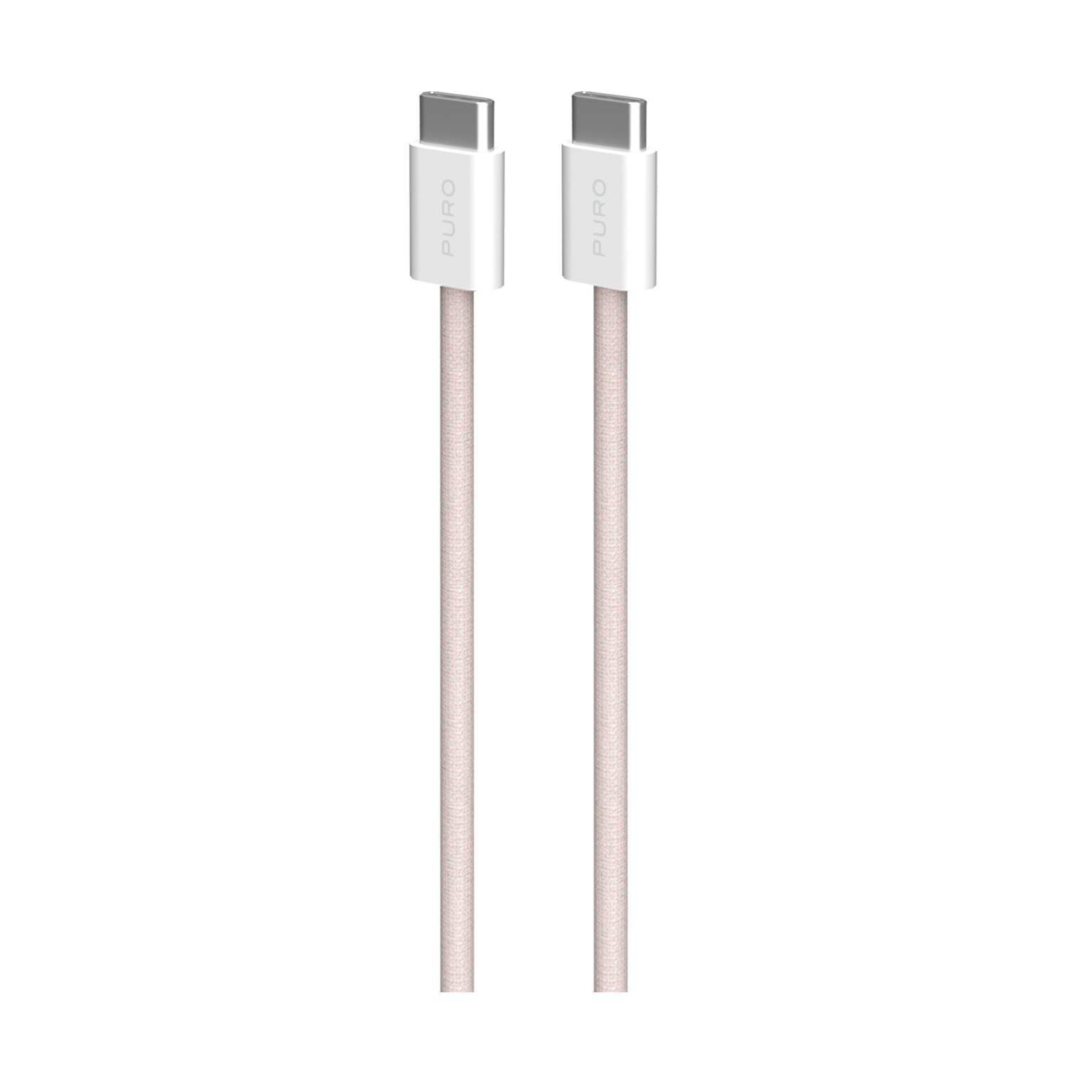 Twee witte USB-C kabels met roze gevlochten textuur op witte achtergrond.