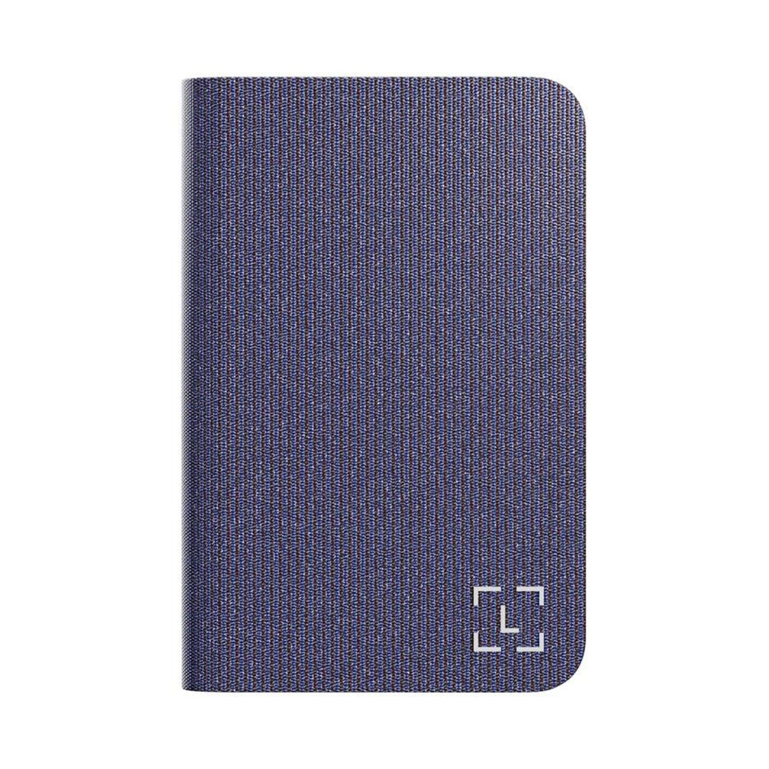 Un étui bleu avec un petit symbole blanc en bas à droite.