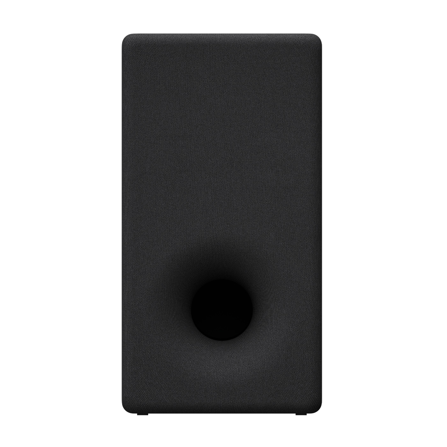 Subwoofer negro con puerto bass reflex redondo en el centro.