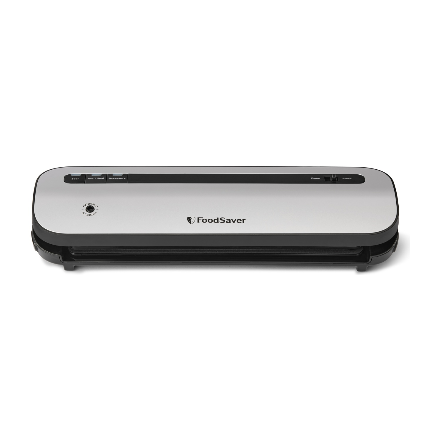 Una macchina sottovuoto FoodSaver argento e nera su sfondo bianco.