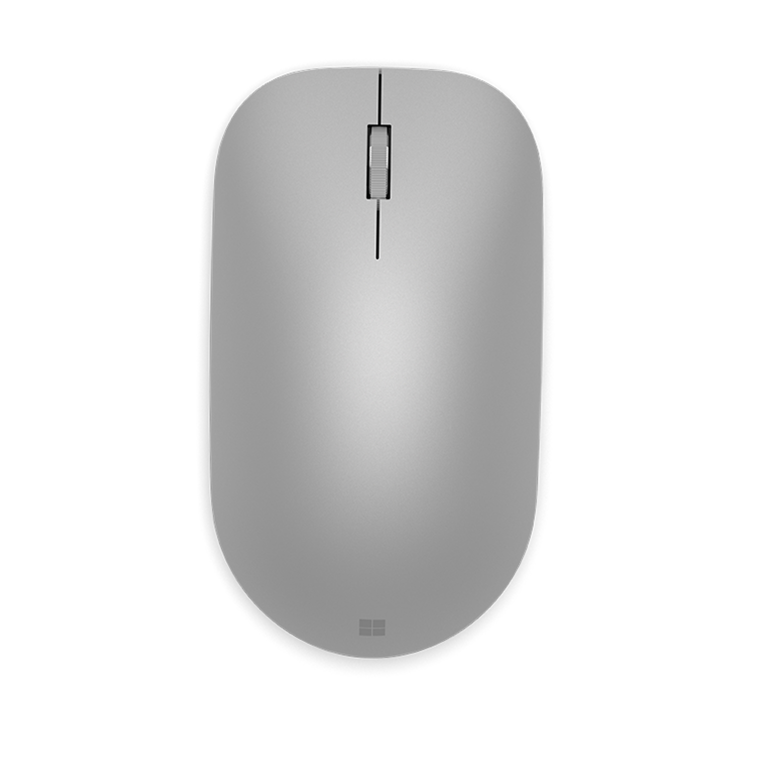 Un mouse argentato con rotellina di scorrimento e logo Microsoft.
