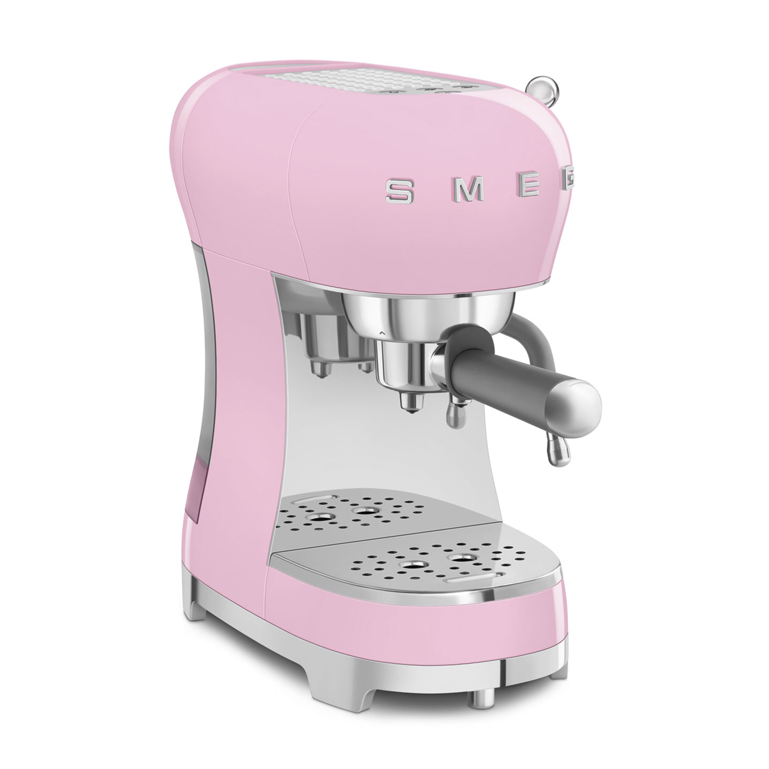 Eine rosafarbene SMEG-Espressomaschine mit silbernen Akzenten und Tropfschale.