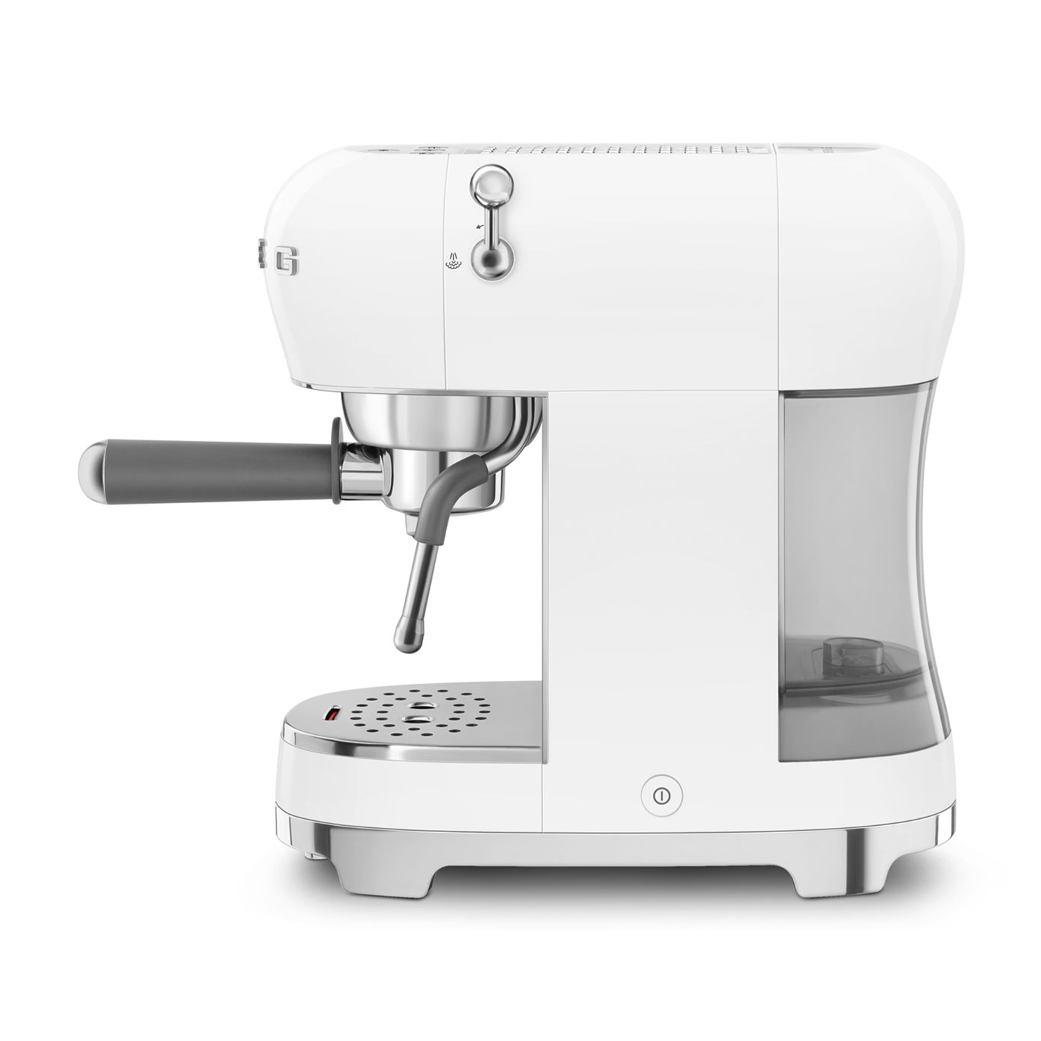 Eine weiße Espressomaschine mit silbernen Akzenten und einem transparenten Wassertank.