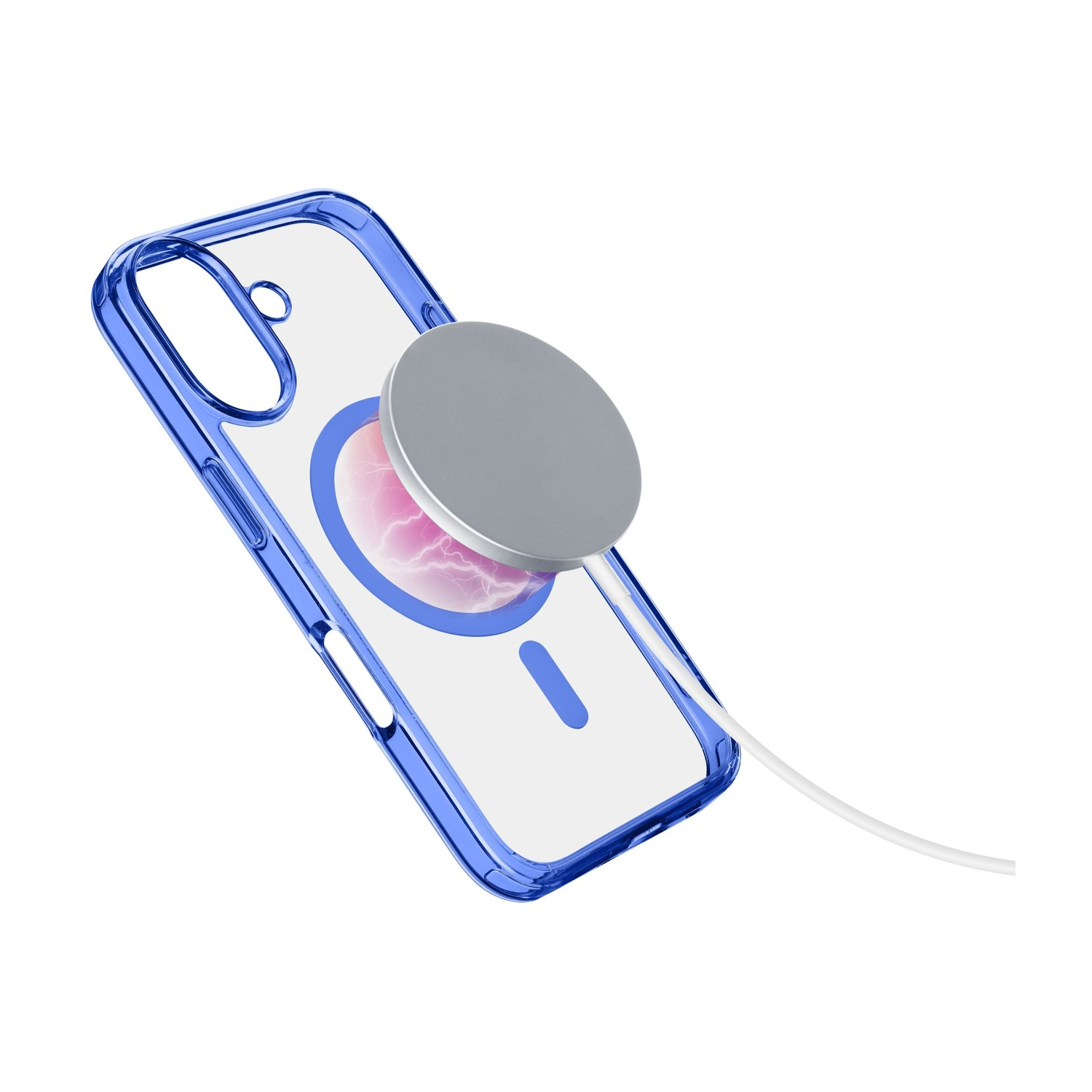 Coque de téléphone transparente avec bordure bleue, attachée à un chargeur magnétique.