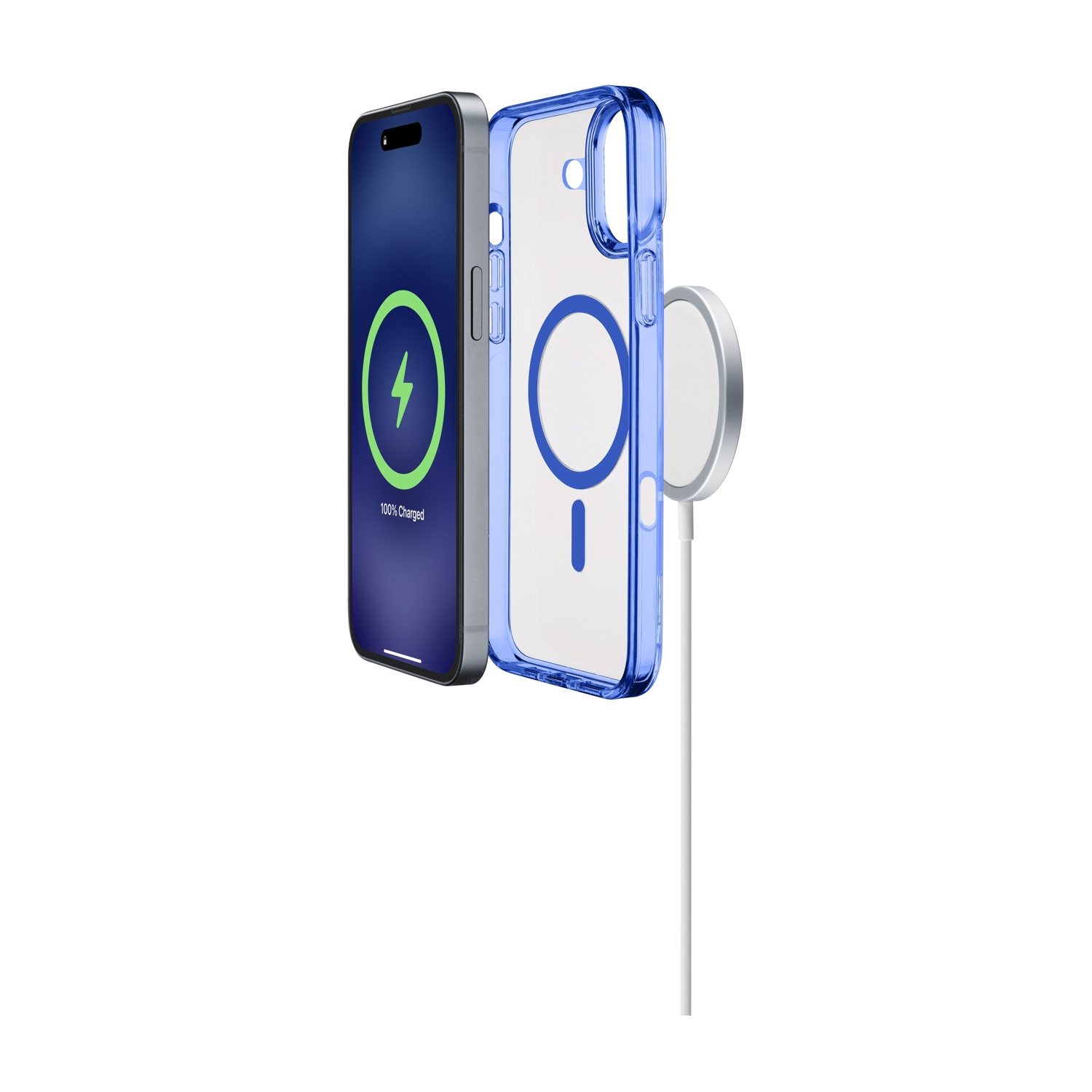 Un iPhone avec étui bleu et chargeur MagSafe, chargé à 100%.