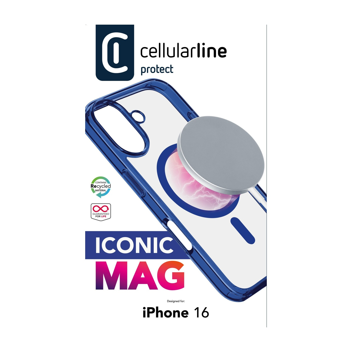 Étui bleu pour iPhone 16 avec anneau magnétique, logo et texte.