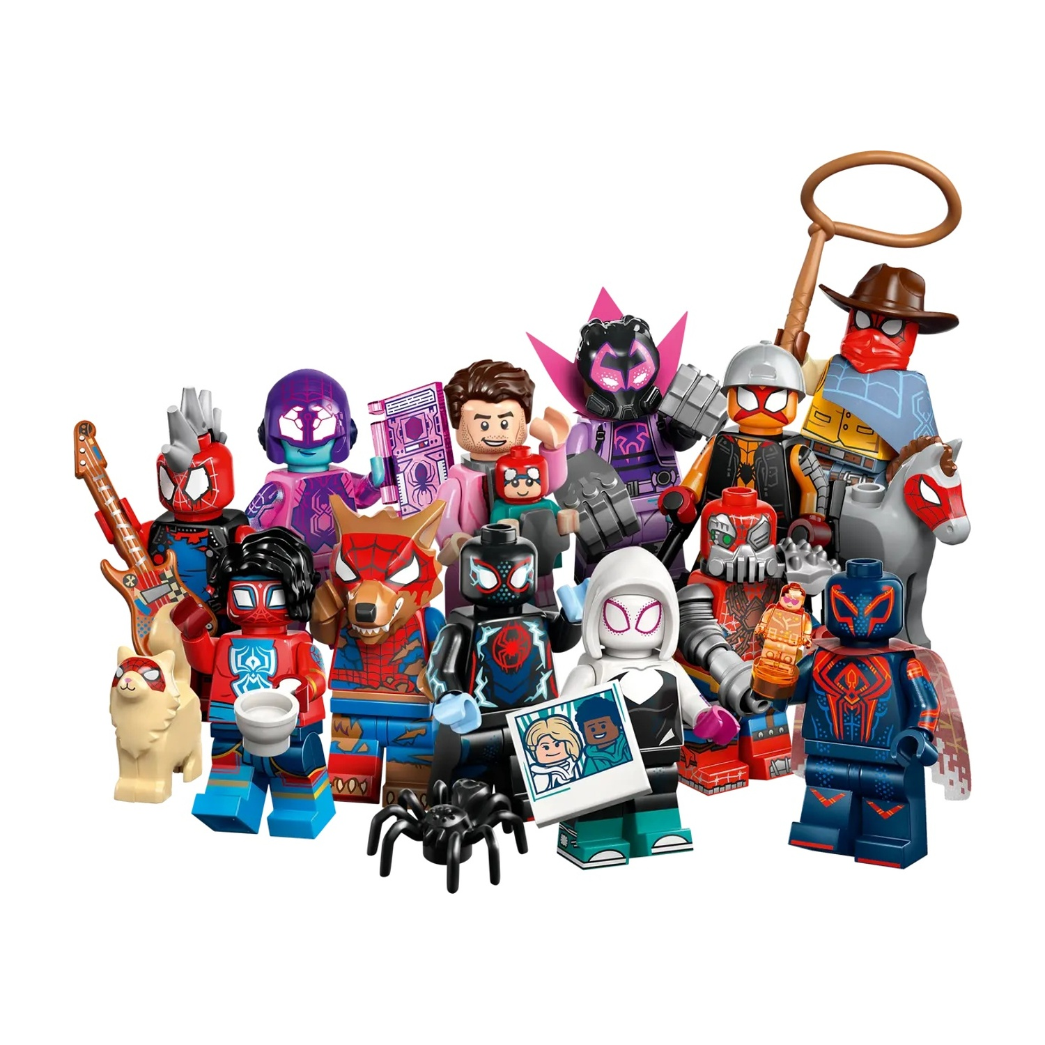 Gruppo di 13 personaggi Lego a tema Spiderman, tra cui cane, gatto e cavallo.