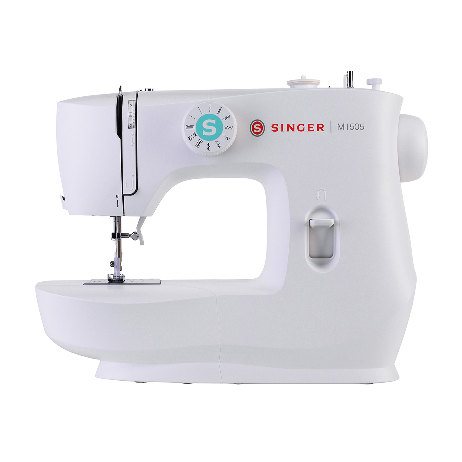 Una máquina de coser Singer M1505 blanca con aguja y selector de puntadas.