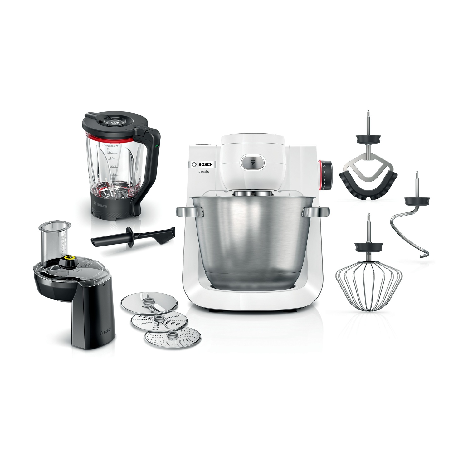 Impastatrice Bosch con accessori: frullatore, robot da cucina, frusta, gancio.