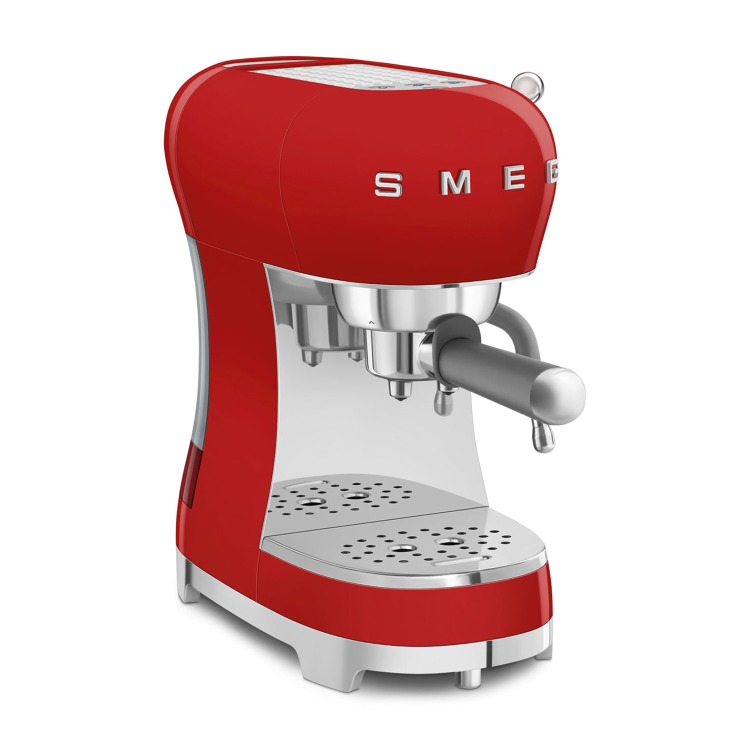 Rote SMEG Espressomaschine mit silbernen Akzenten, auf weißem Hintergrund.