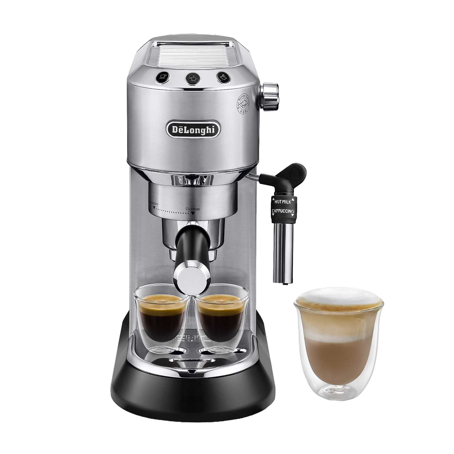 Máquina de espresso plateada con dos tazas de espresso y un capuchino.