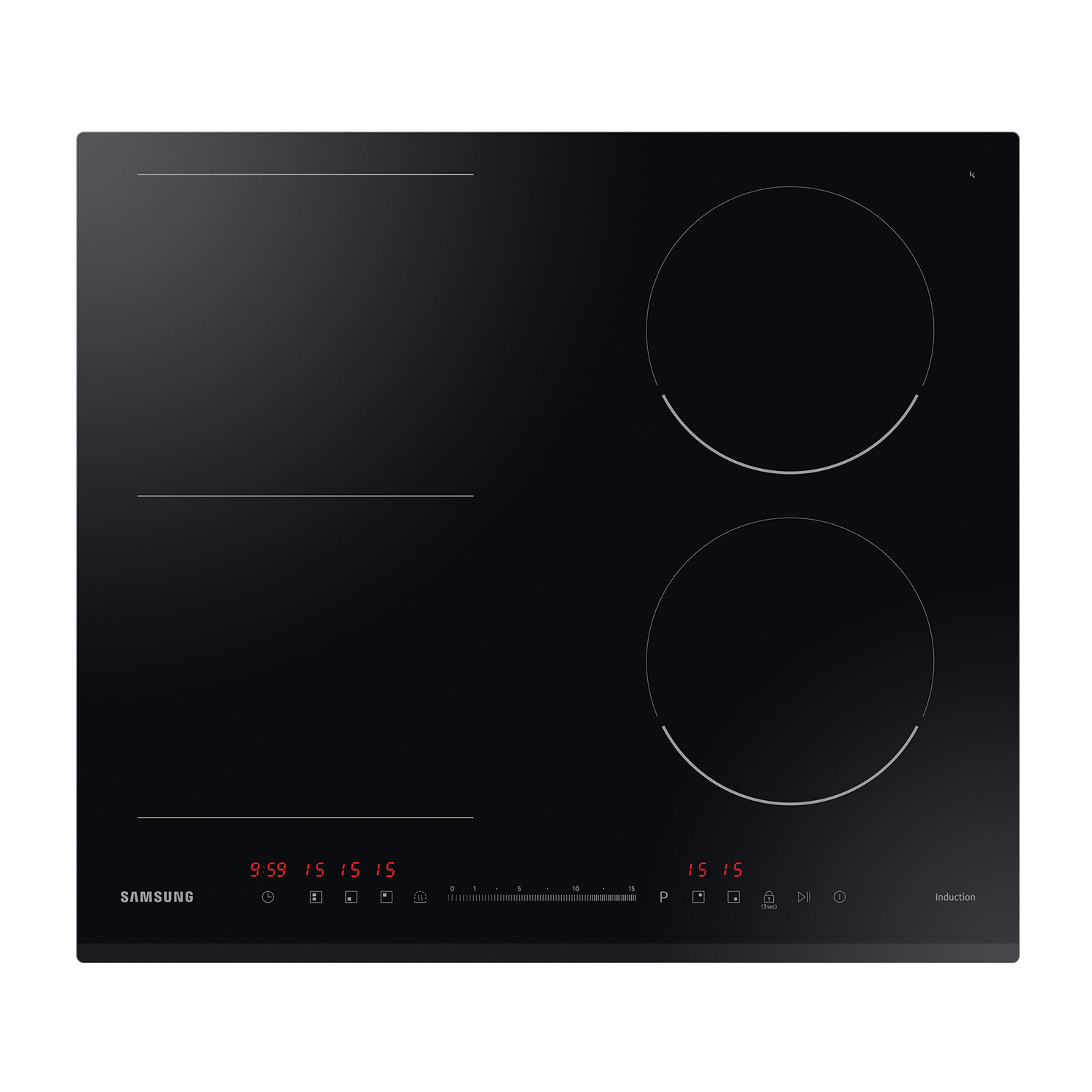 Placa de inducción negra con cuatro zonas de cocción y pantalla digital.