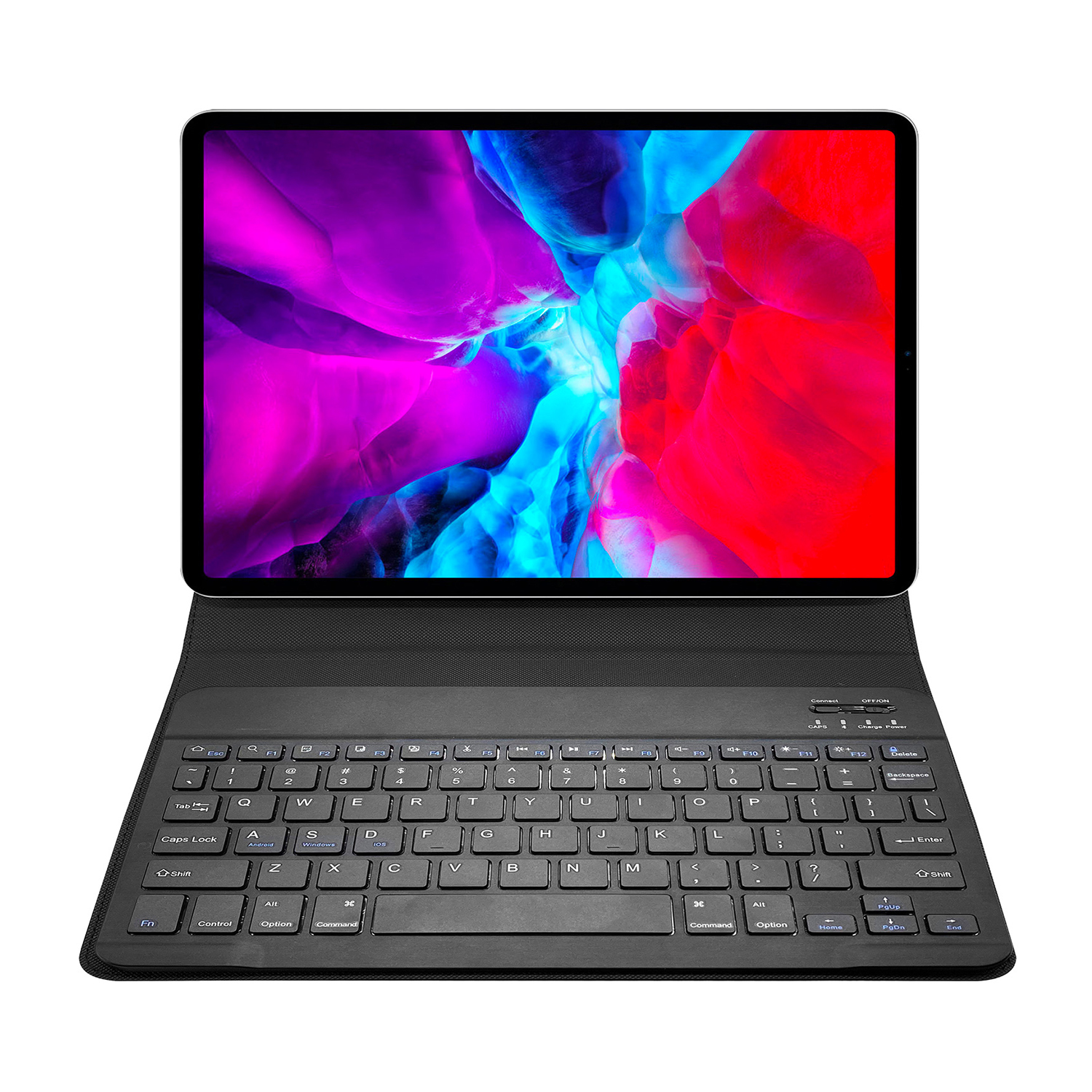 Ein Tablet mit Tastaturständer. Der Bildschirm zeigt ein abstraktes Bild in Blau, Pink und Rot.