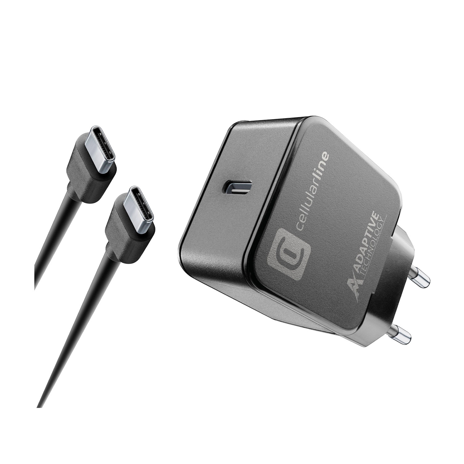 Un caricatore USB-C nero con due cavi, isolato su sfondo bianco.