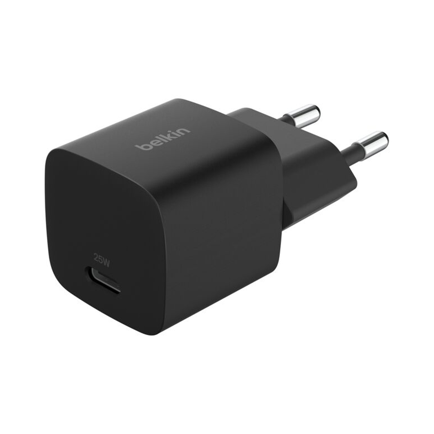 Czarna ładowarka Belkin 25W USB-C z wtyczką europejską.