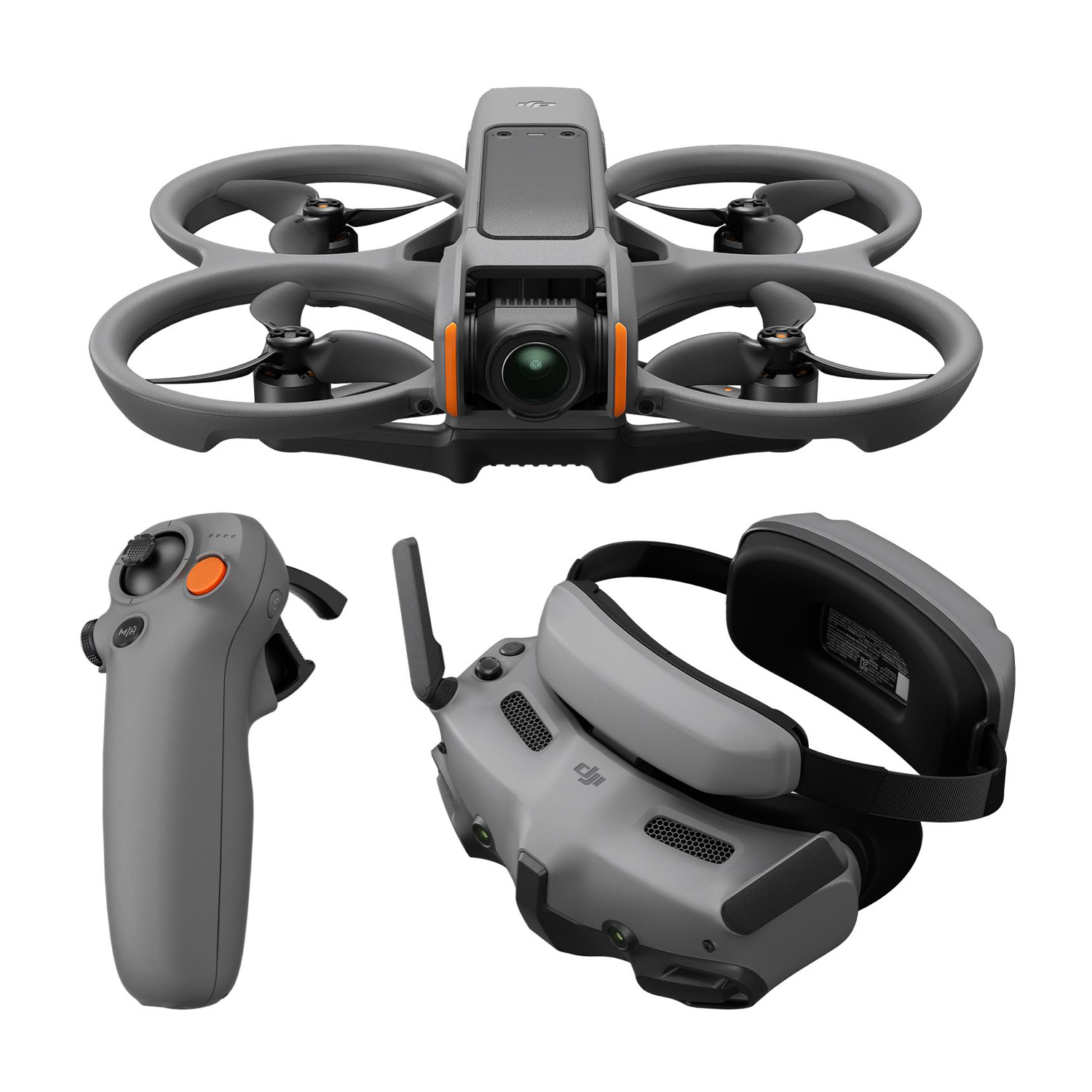 Graue Drohne mit orangefarbenen Akzenten, Controller und VR-Brille.