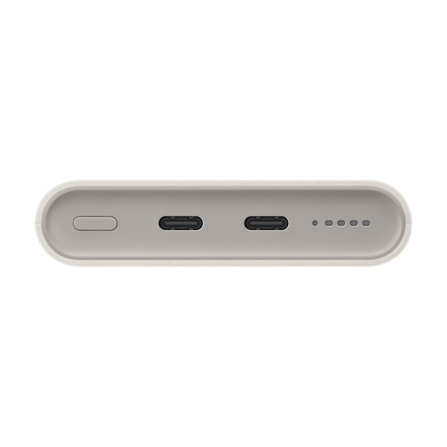Un power bank grigio con due porte USB-C e quattro spie di carica.