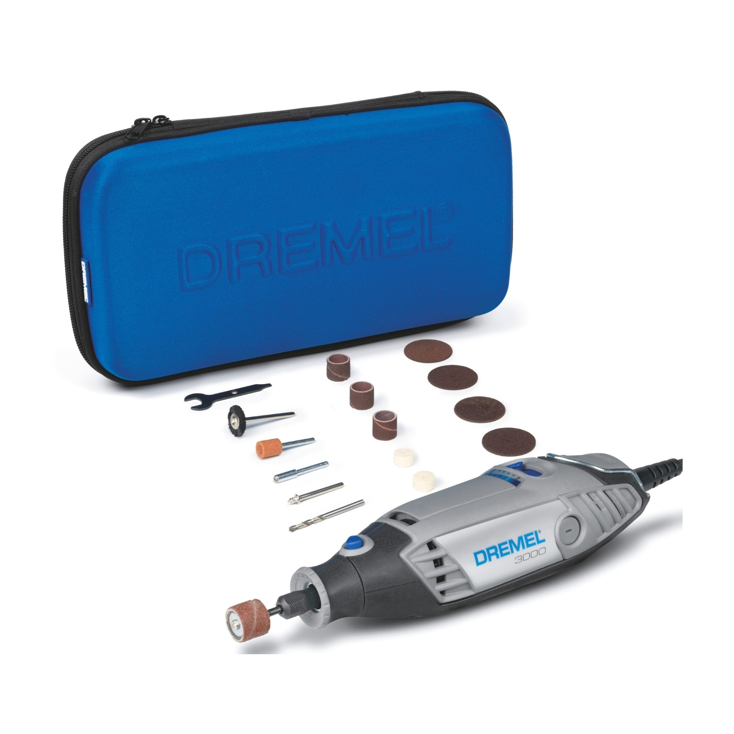 Utensile Dremel 3000 con accessori e custodia blu Dremel su sfondo bianco.