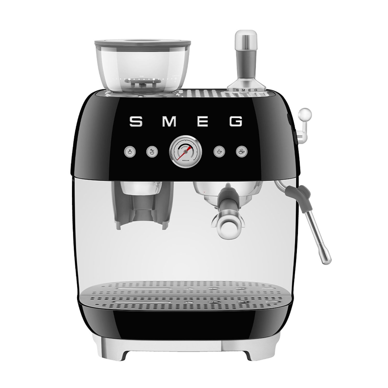Czarna ekspres do kawy ze zintegrowanym młynkiem i manometrem.