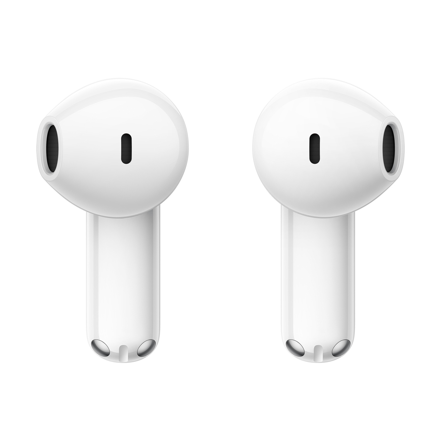 Due auricolari bianchi wireless uno accanto all'altro su sfondo bianco.