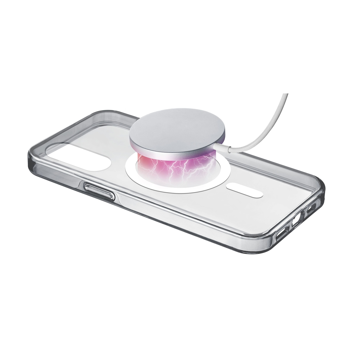 Custodia trasparente per telefono con caricabatterie magnetico ed effetti energetici.