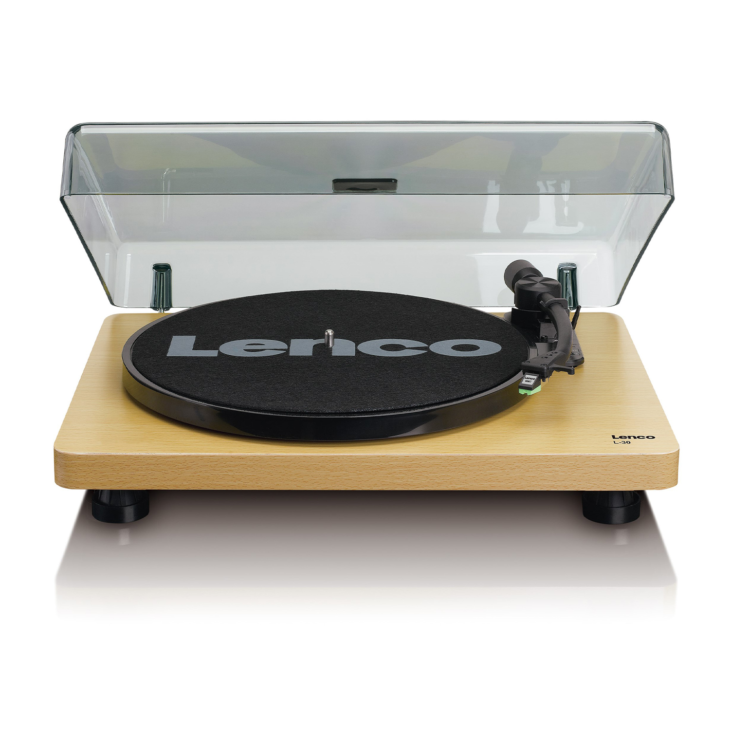 A turntable with a wooden base, black platter, and a clear dust cover.