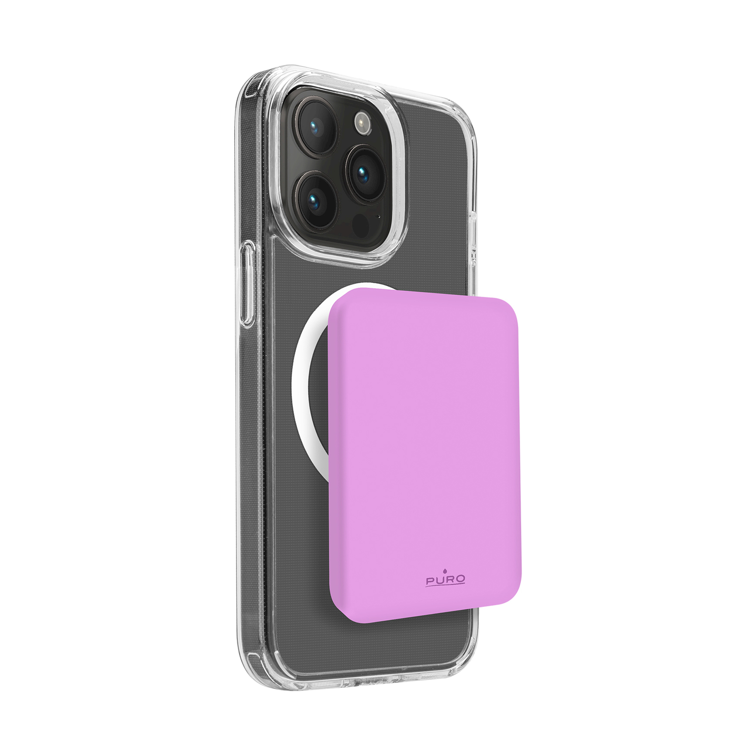 Una batteria MagSafe lavanda è attaccata al retro di una custodia trasparente per iPhone.