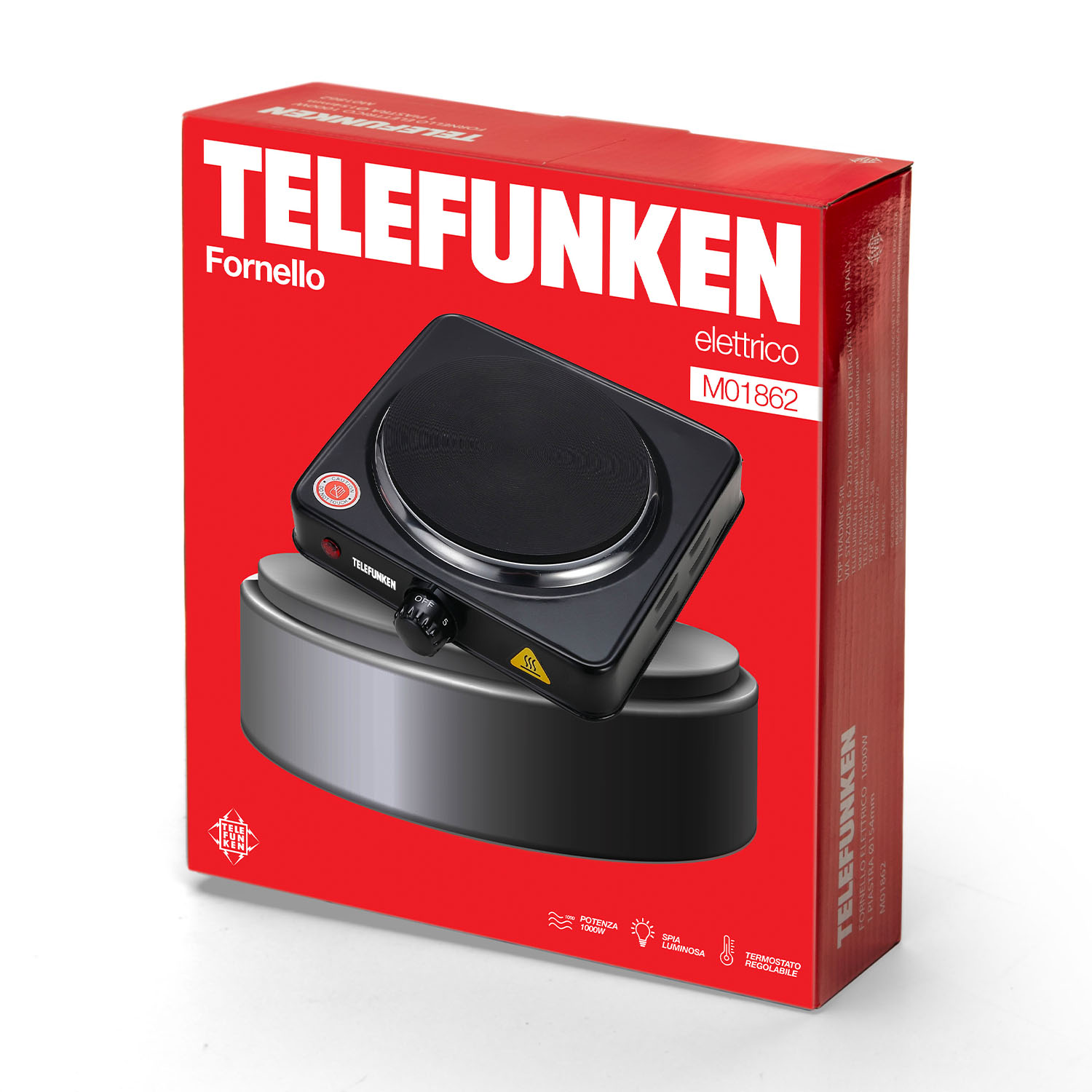 Scatola rossa con un fornello elettrico Telefunken nero.