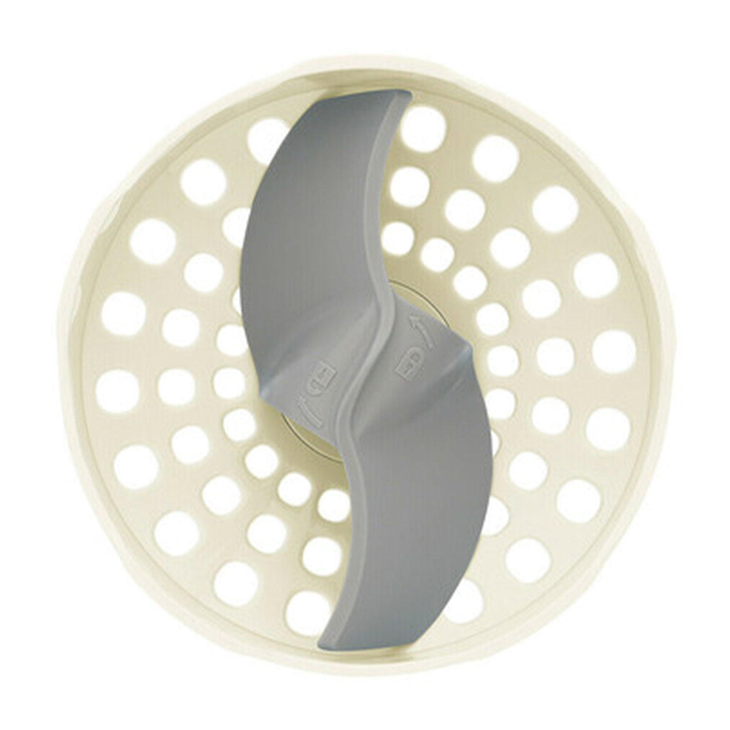 Accessorio frullatore grigio con due lame e motivo a fori.
