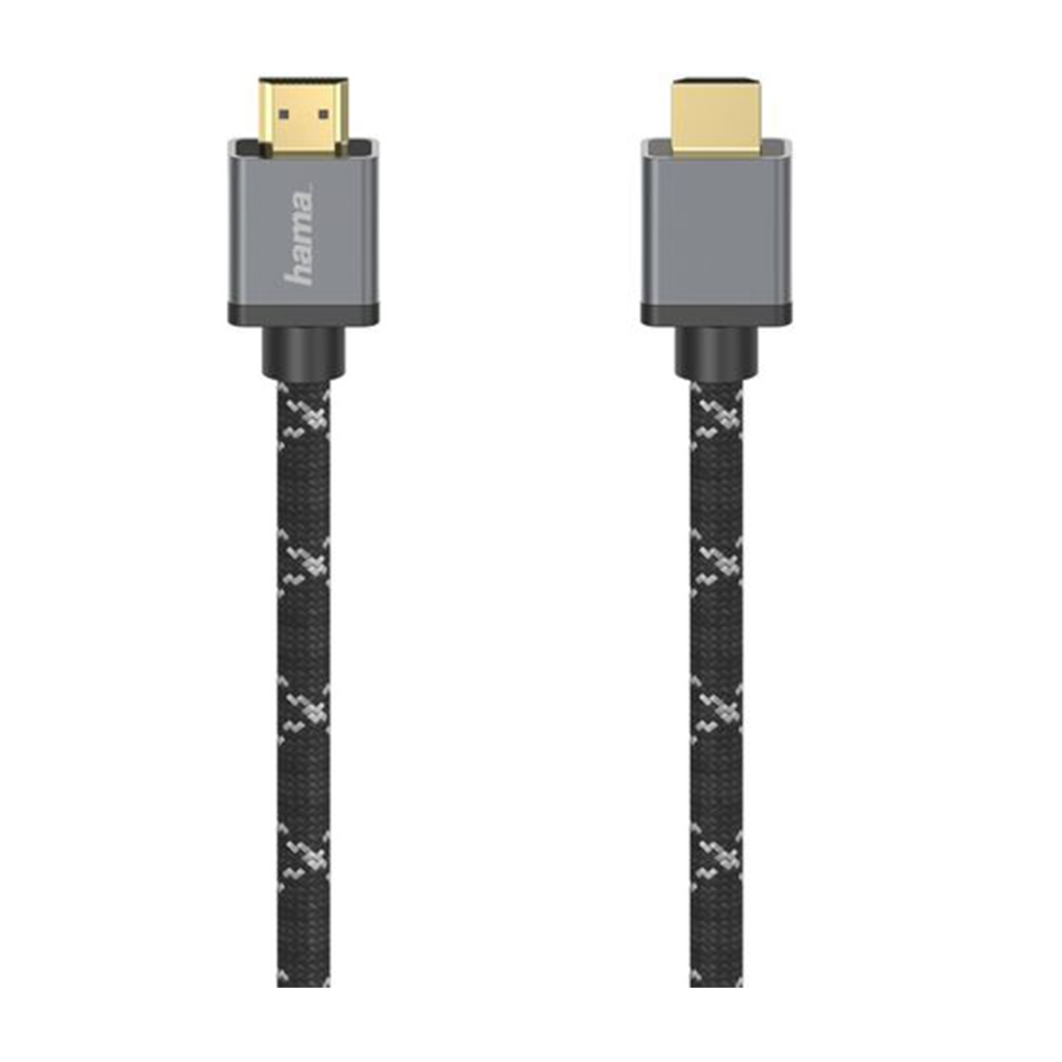 Due cavi HDMI con motivi bianchi e neri, connettori grigi e punte dorate.