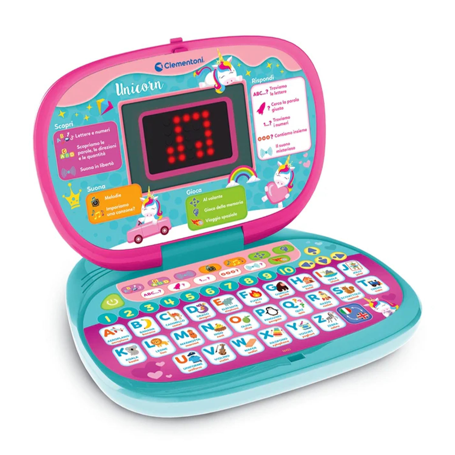 Un laptop per bambini rosa e turchese a tema unicorno, con pulsanti e schermo.