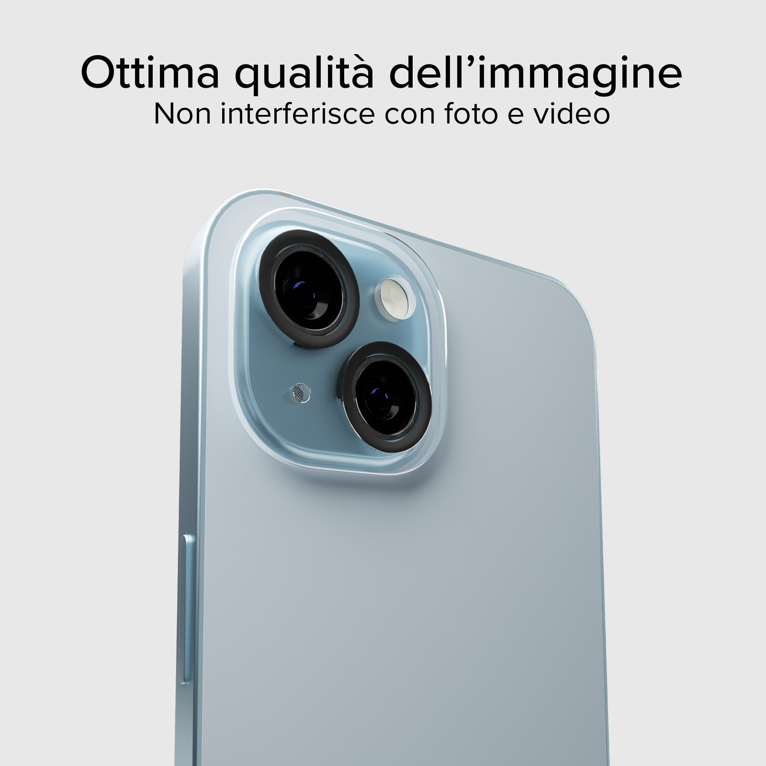 Primer plano de la parte trasera de un teléfono azul claro con dos lentes de cámara.