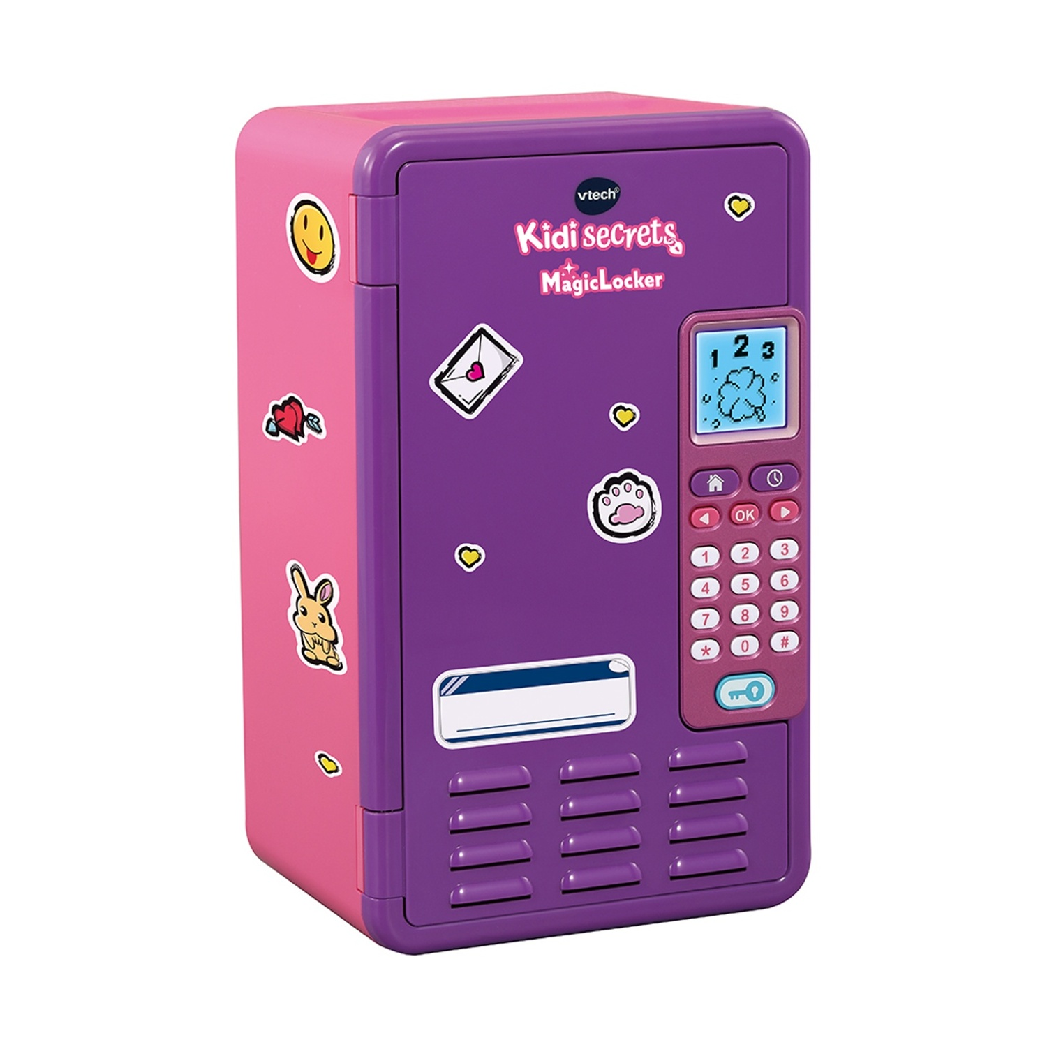 Un VTech Kidi Secrets MagicLocker rosa e viola con tastiera e schermo.