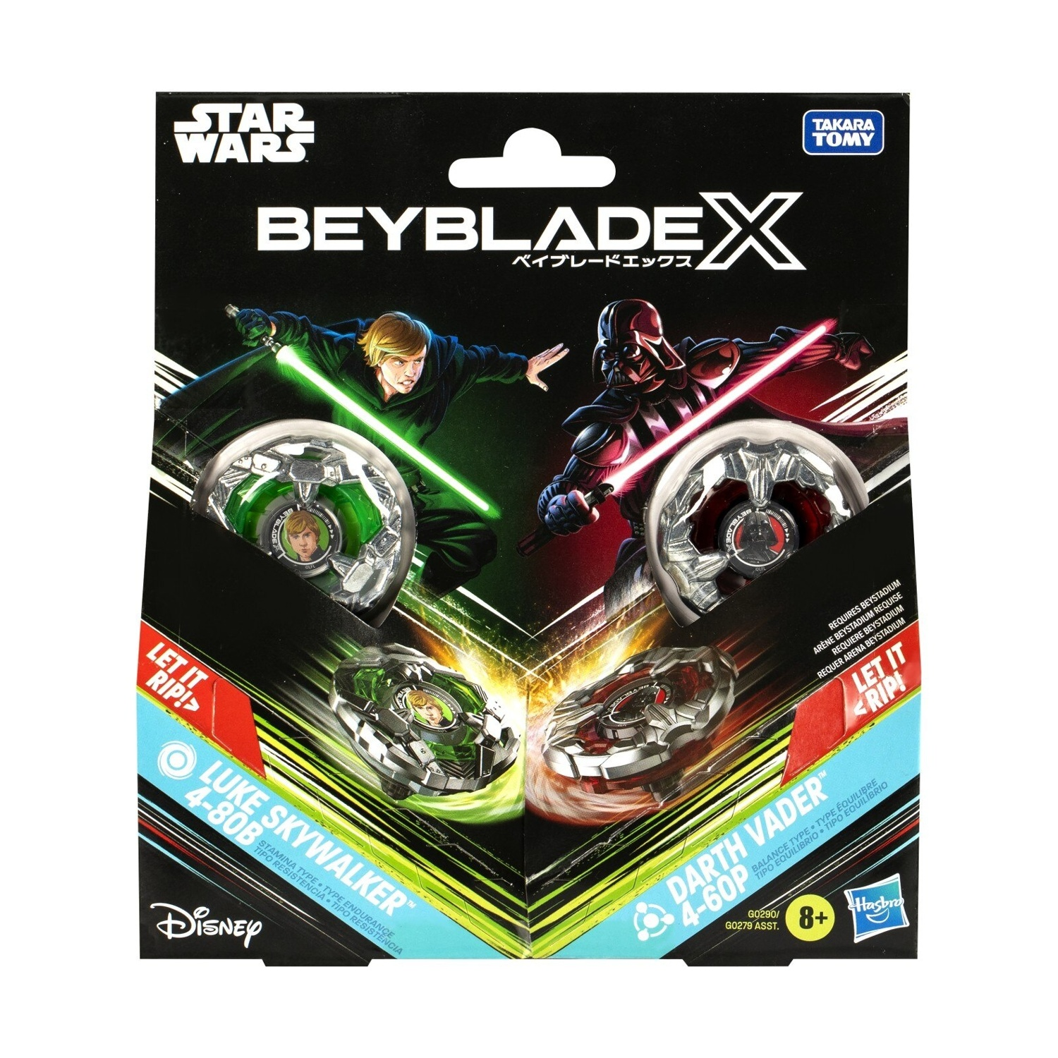 Beyblade X di Star Wars con trottole giocattolo Luke Skywalker e Darth Vader.