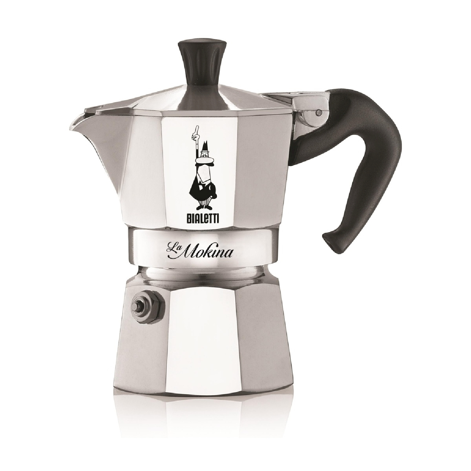 Srebrna kawiarka Bialetti z czarną rączką na białym tle.