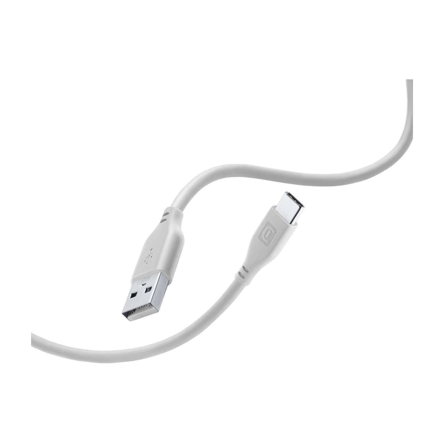 Un cavo USB-A a USB-C bianco su sfondo bianco.