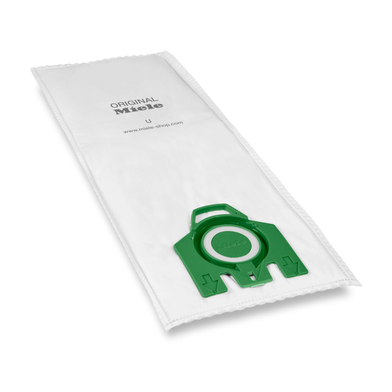 Ein weißer Miele-Staubsaugerbeutel mit grünem Anschlussstück und Miele-Logo.