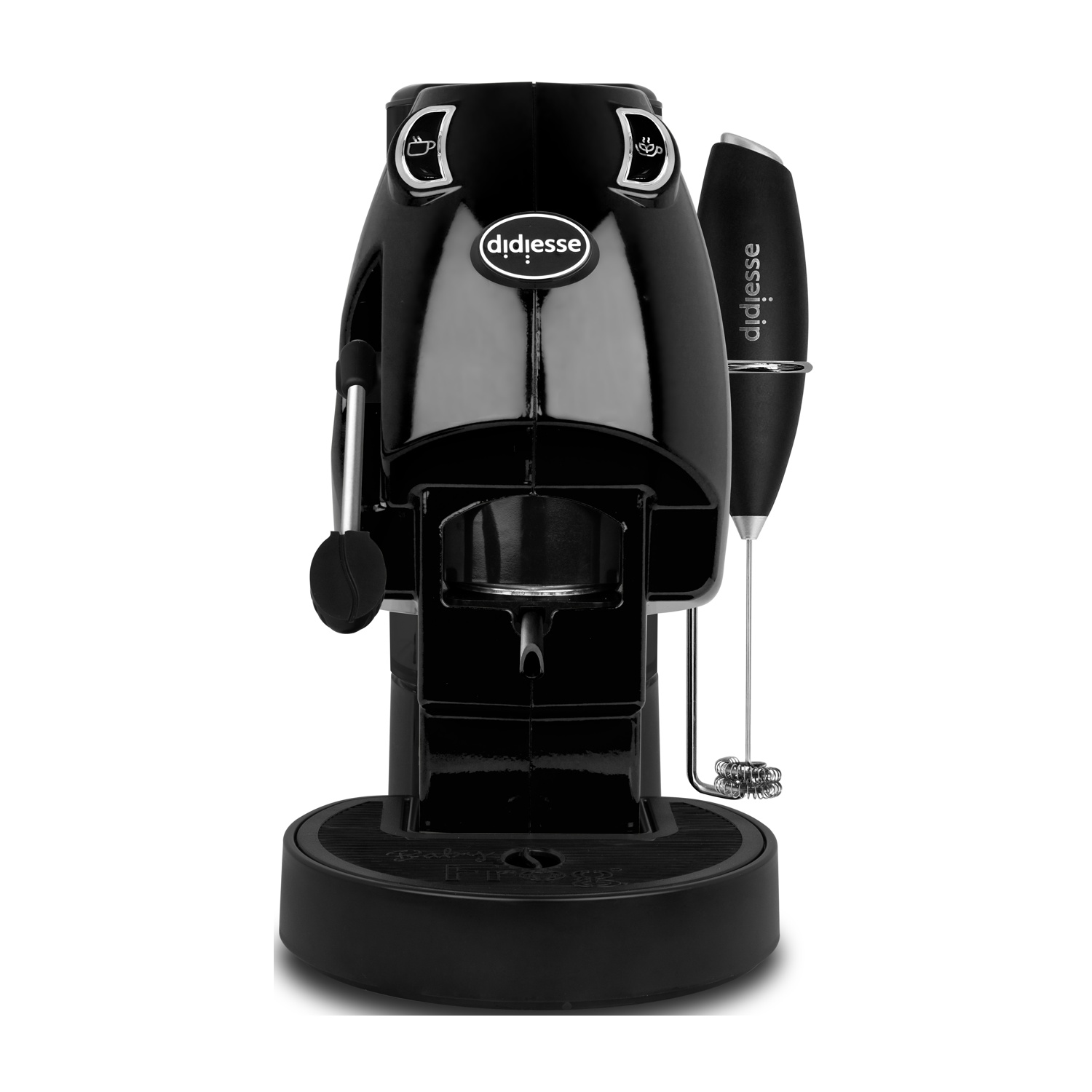 Macchina per espresso nera con montalatte su sfondo bianco.