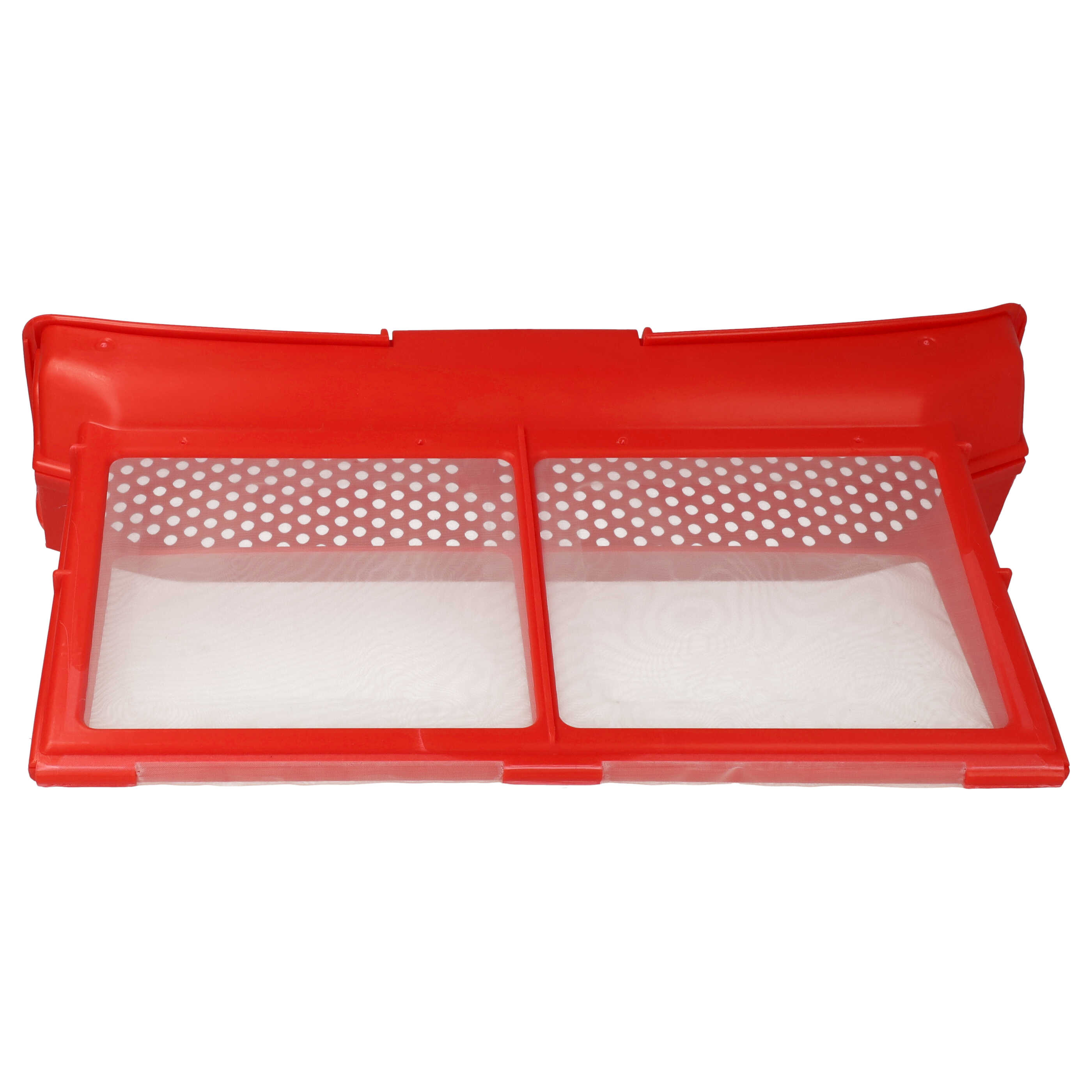 Ein roter Plastikbehälter mit zwei Siebeinsätzen für trockene Lebensmittel.
