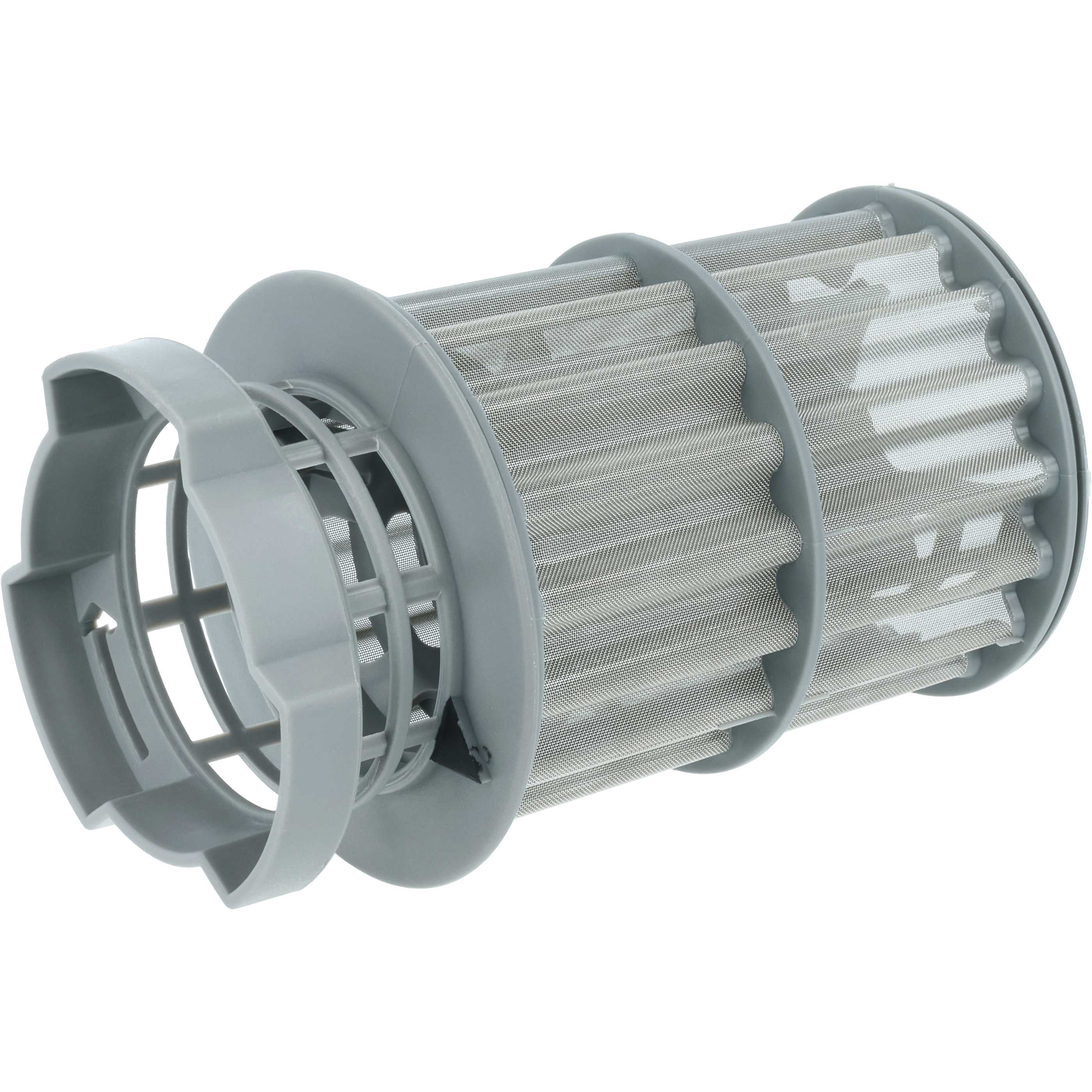 Grauer Spülmaschinenfilter mit Netz und Griff.