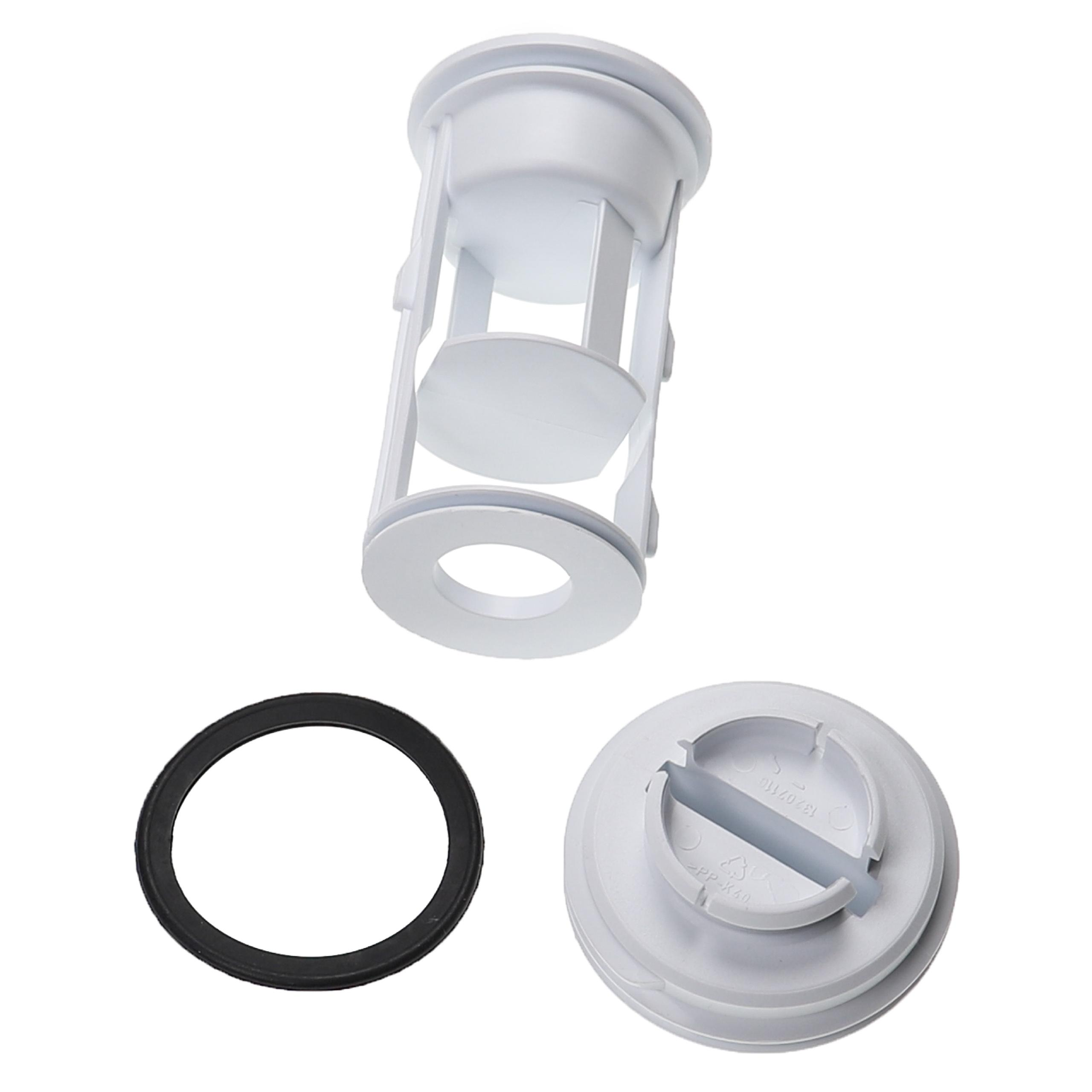 Ein weißer Filter und ein schwarzer O-Ring auf weißem Hintergrund.