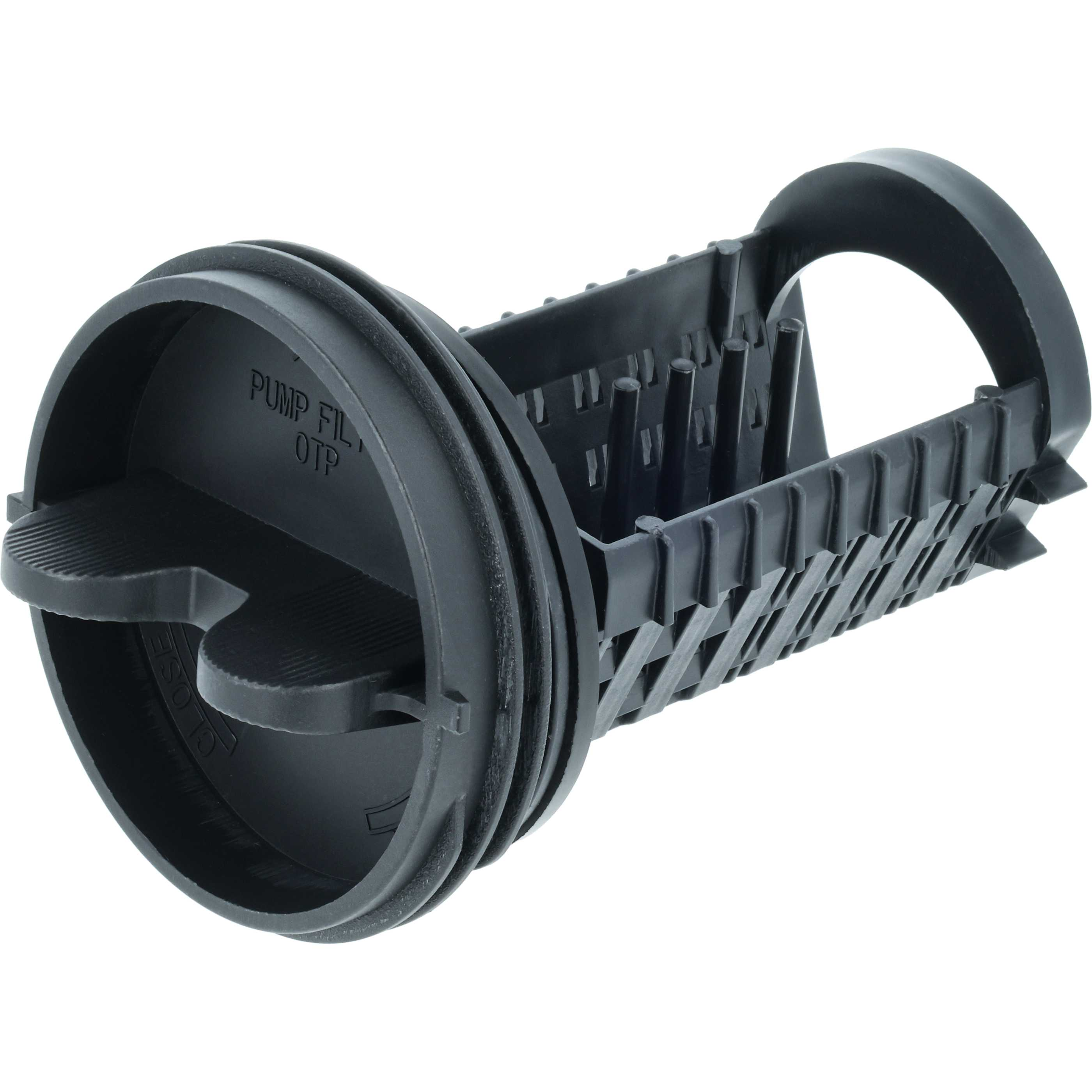 Ein schwarzer Pumpenfilter mit offenem Ende und Rillen.