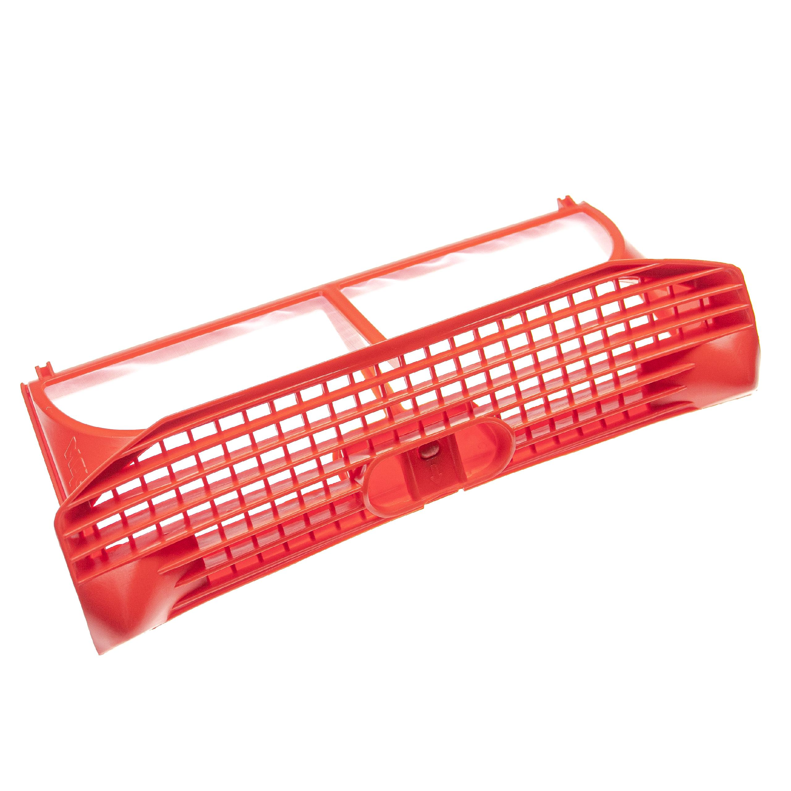 Ein roter Plastikfilter mit einem Gittermuster und einem weißen Einsatz.