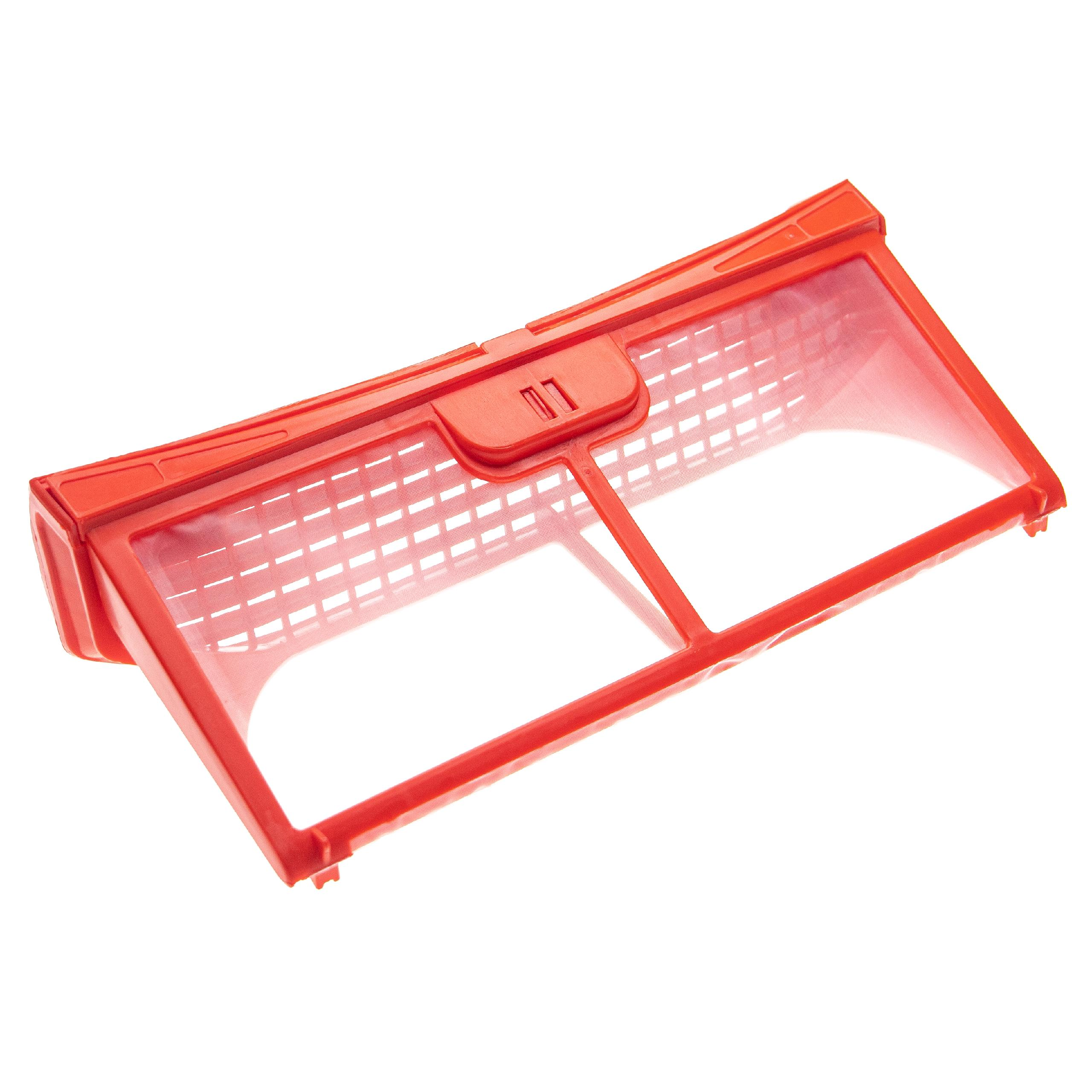 Ein roter Plastik-Staubsaugerfilter mit rechteckigem Gittermuster.