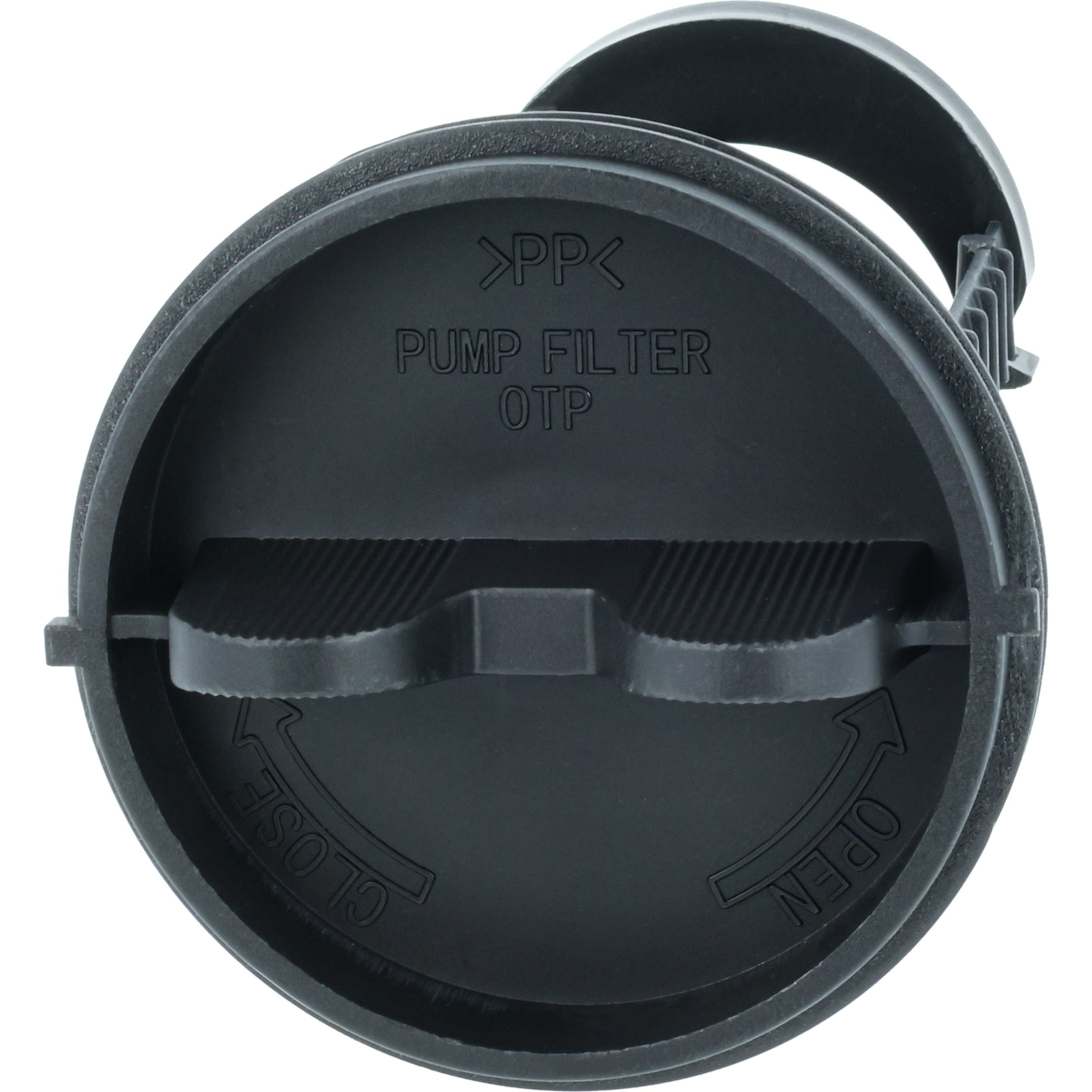 Schwarzer Pumpenfilterdeckel mit Pfeilen für "Open" und "Close".