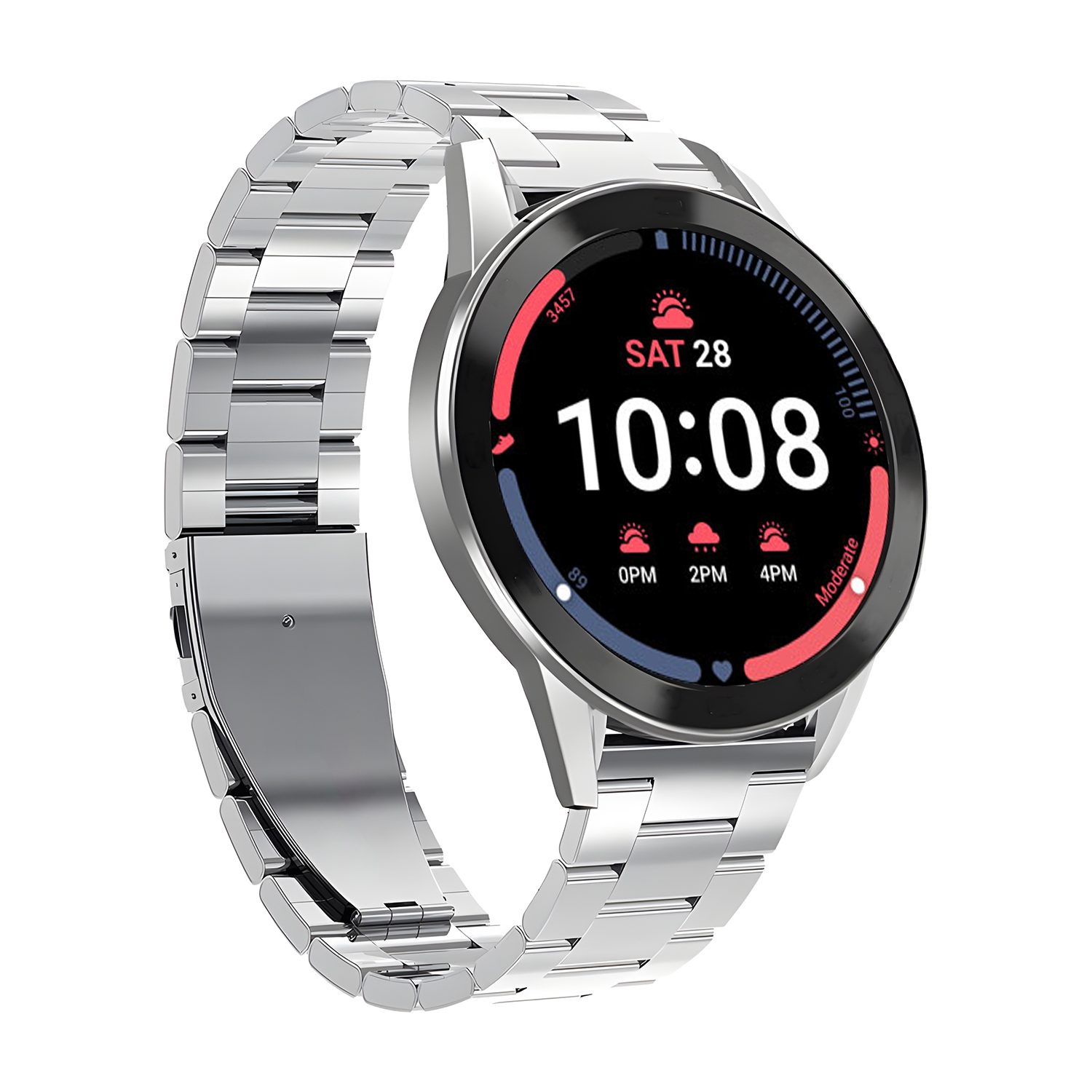 Smartwatch argentato con cinturino in metallo e schermo nero che mostra le 10:08.