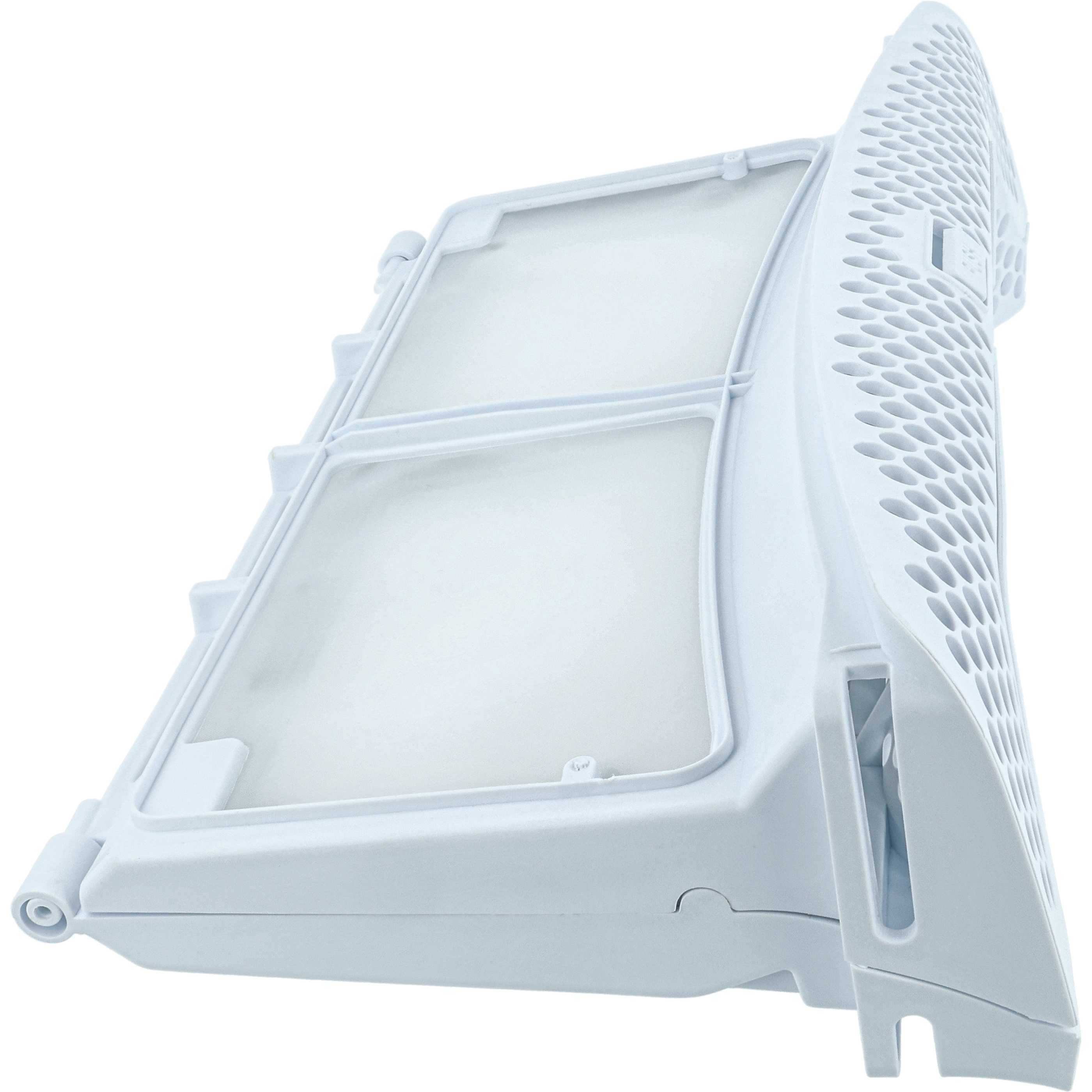 Ein weißer Trockner-Flusenfilter mit feinem Netz und einem perforierten Außengehäuse.