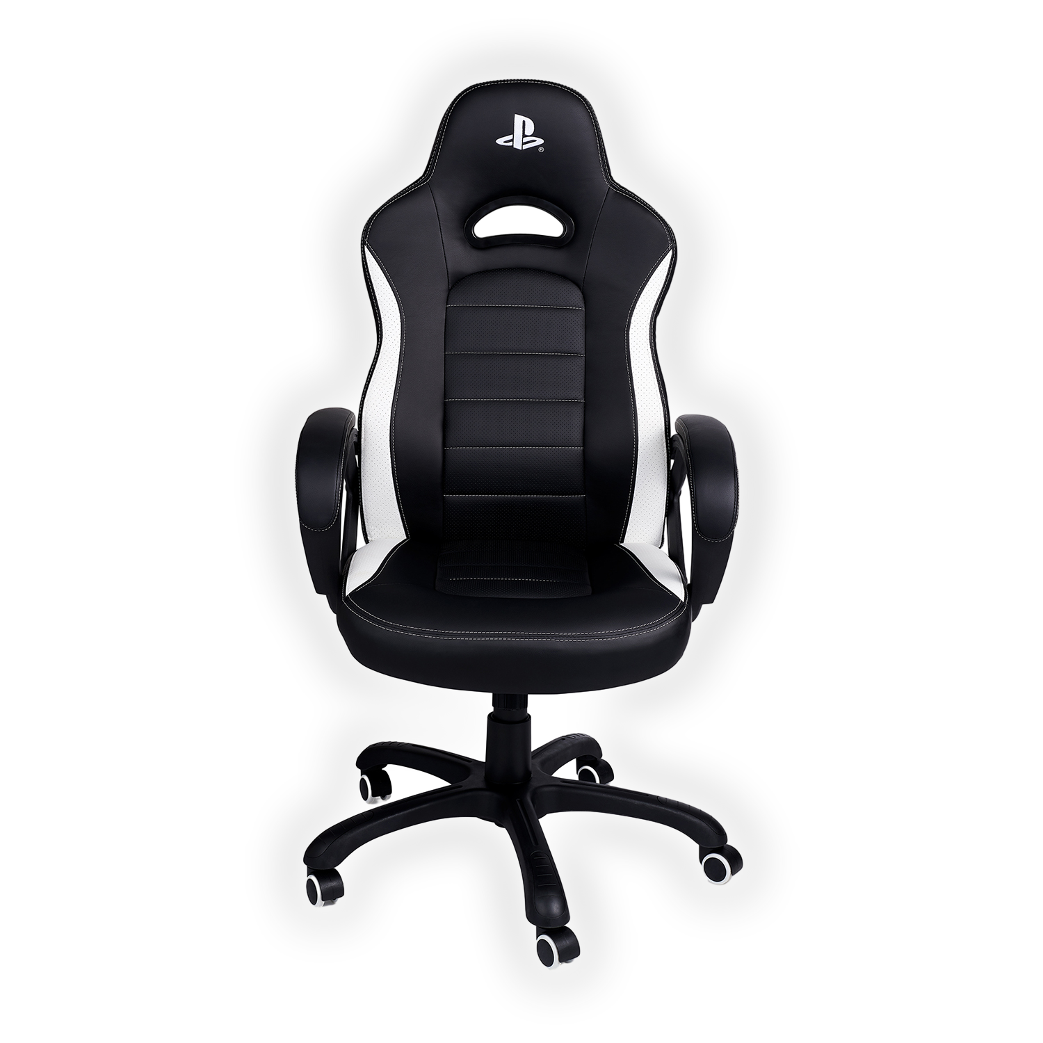 Ein schwarzer Gaming-Stuhl mit weißer Polsterung und dem PlayStation-Logo.