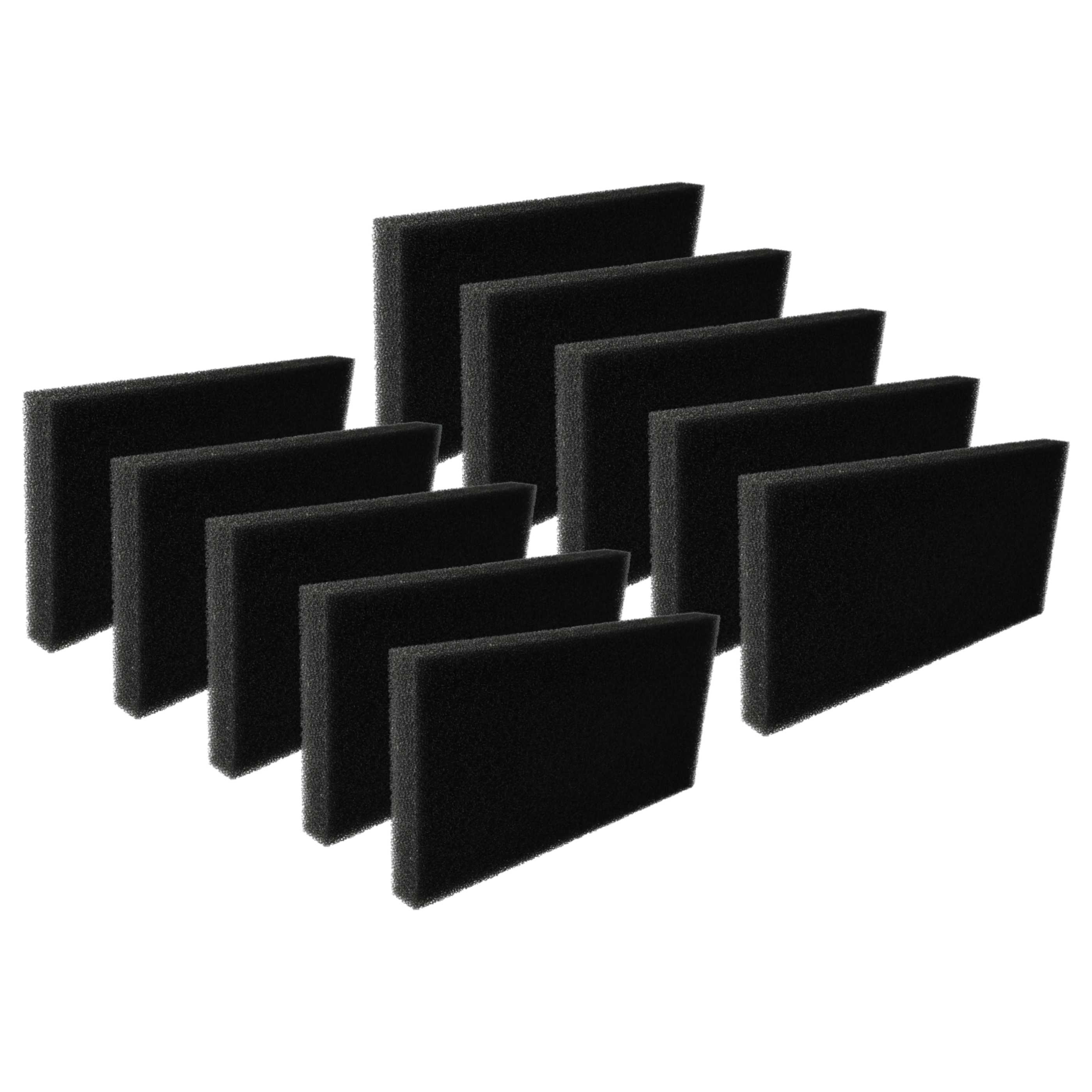 Zehn schwarze Schaumstofffilter in einem 3x3-Raster mit einem einzelnen Filter oben.